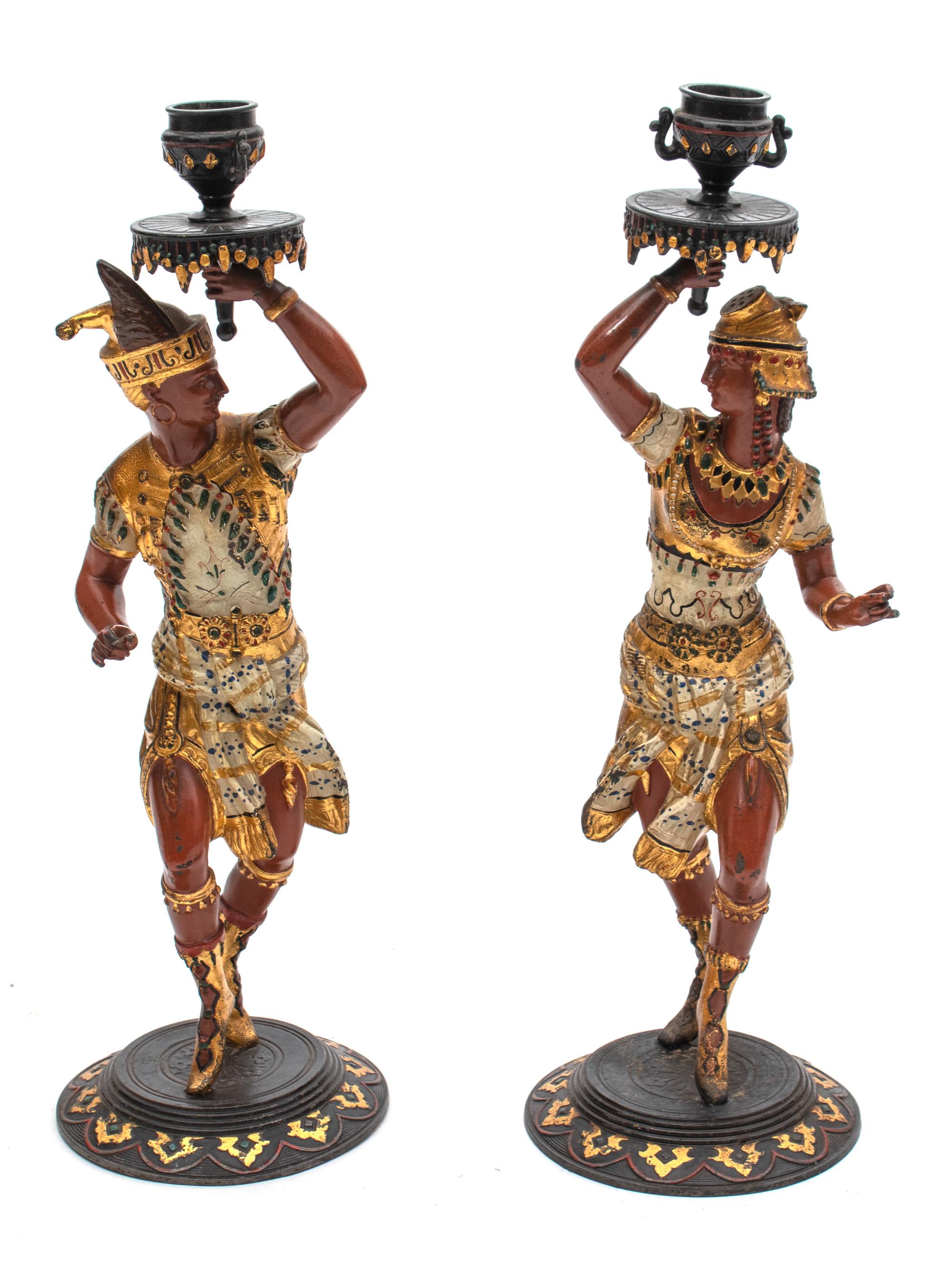 A Pair of Egyptian Revival Cold Painted Candlesticks — 20TH CENTURY