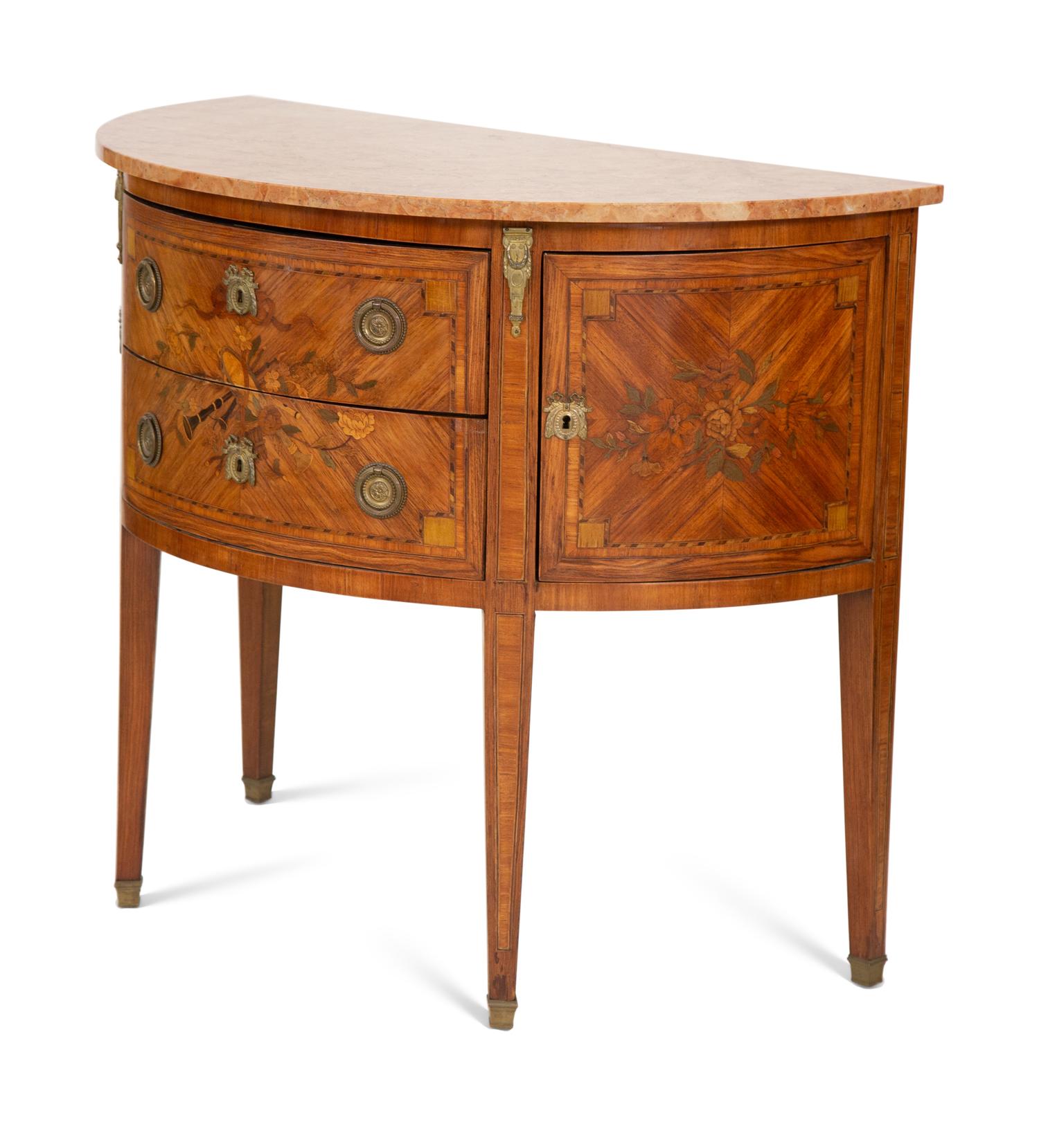 A Pair of Louis XVI Style Demilune Marble-Top Small Commodes