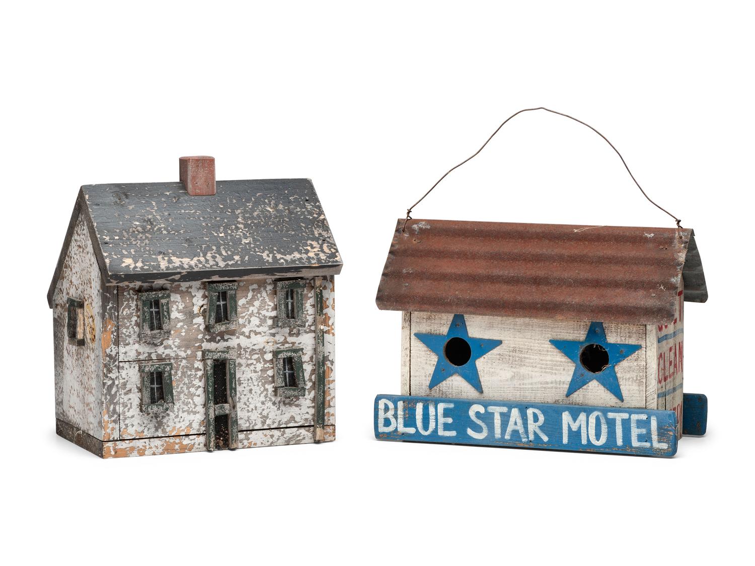 Two Paint Decorated Wood Bird Houses