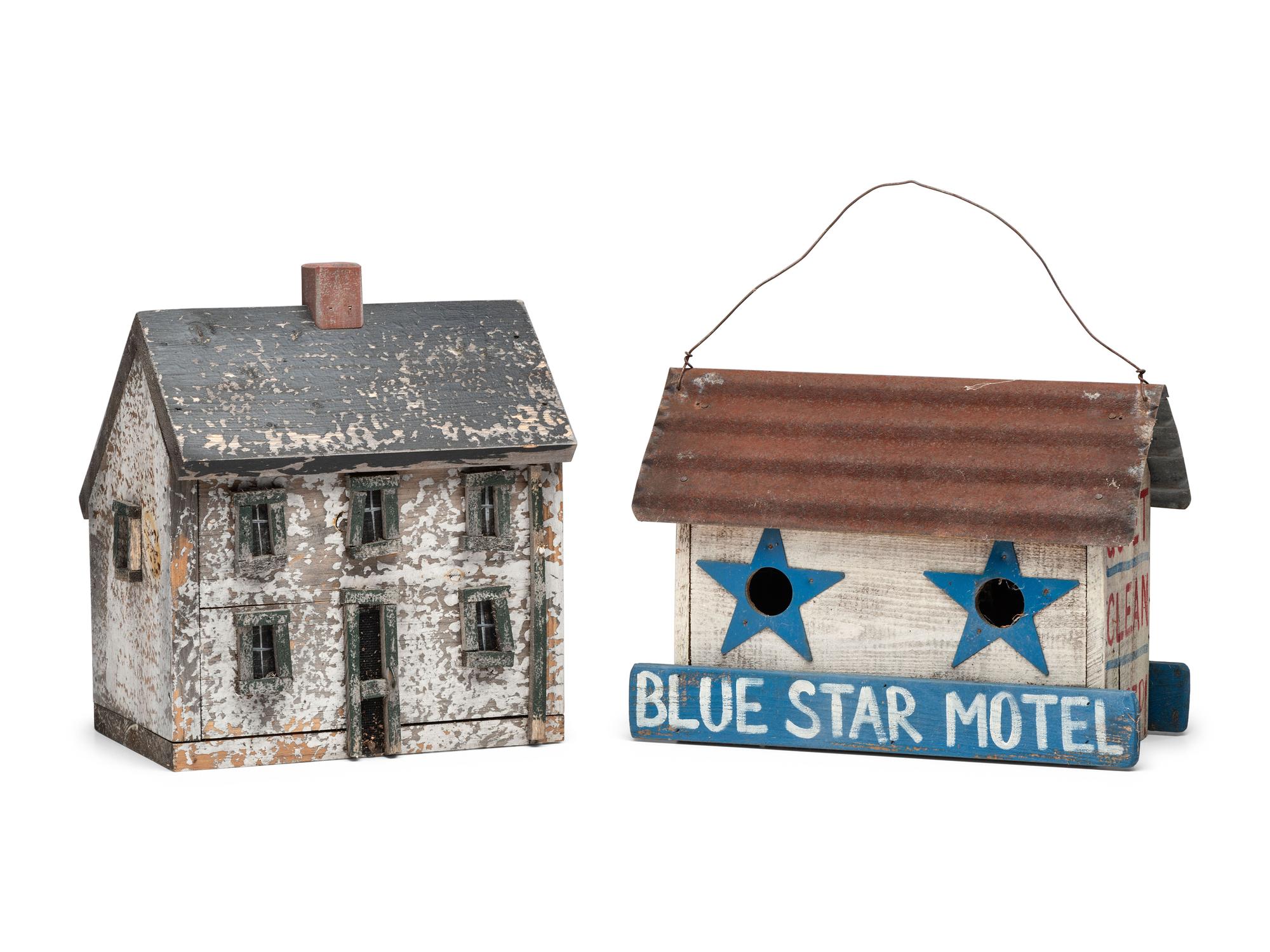 Two Paint Decorated Wood Bird Houses