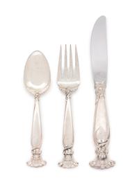 Romance of the Sea pattern, comprising: 1 dinner knife with stainless steel blade 12 luncheon knives with stainless steel blades 12 butter spreaders with stainless steel blades 1 dinner fork 12 luncheon forks 3 salad forks 6 cocktail forks 2 cold meat forks 1 lemon fork 13 teaspoons 12 iced tea spoons 1 serving spoon 1 slotted serving spoon 3 ladles 1 jelly server 81 pieces total.