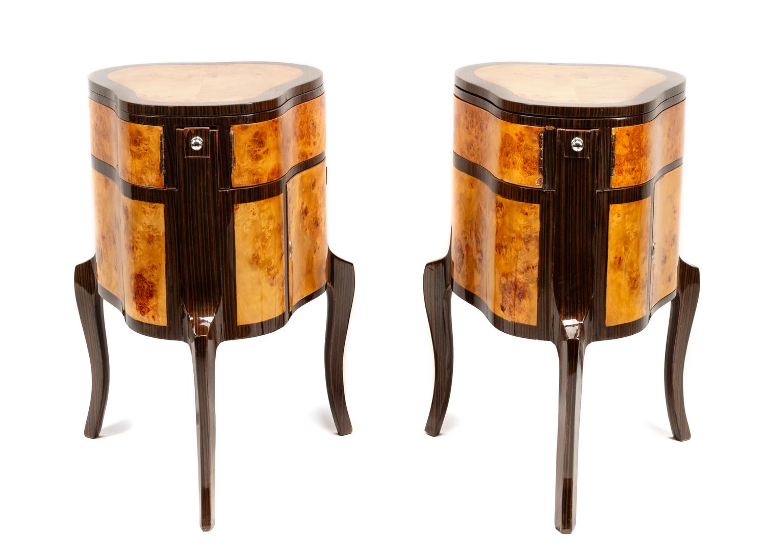 A Pair of Continental Burlwood and Rosewood Lift-Top Cabinets