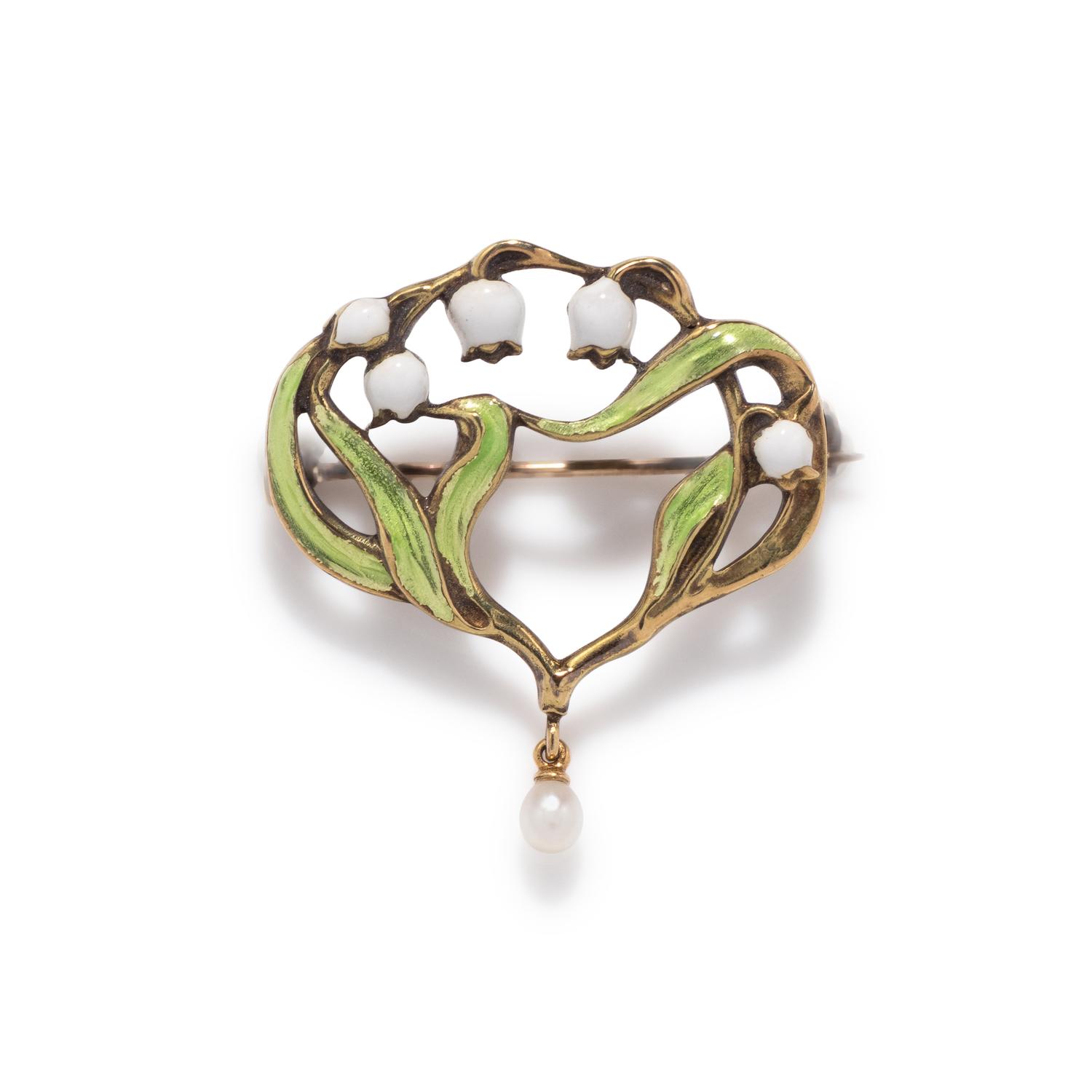 FRENCH, ART NOUVEAU, ENAMEL AND PEARL BROOCH