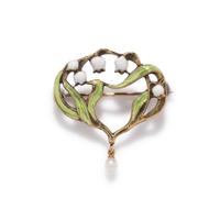 FRENCH, ART NOUVEAU, ENAMEL AND PEARL BROOCH