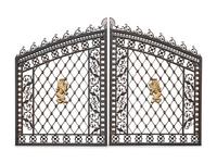 A Pair of Gates with Gilt Rampant Lion Ornaments