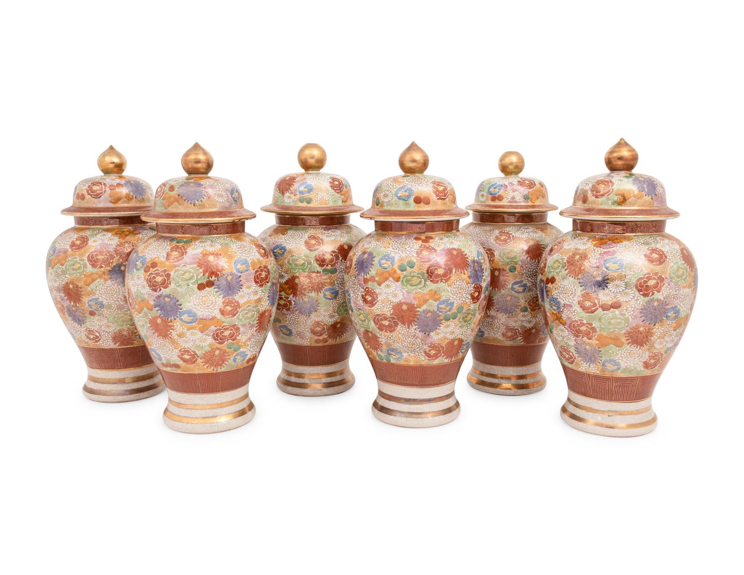 Six Japanese Kutani Porcelain Covered Jars