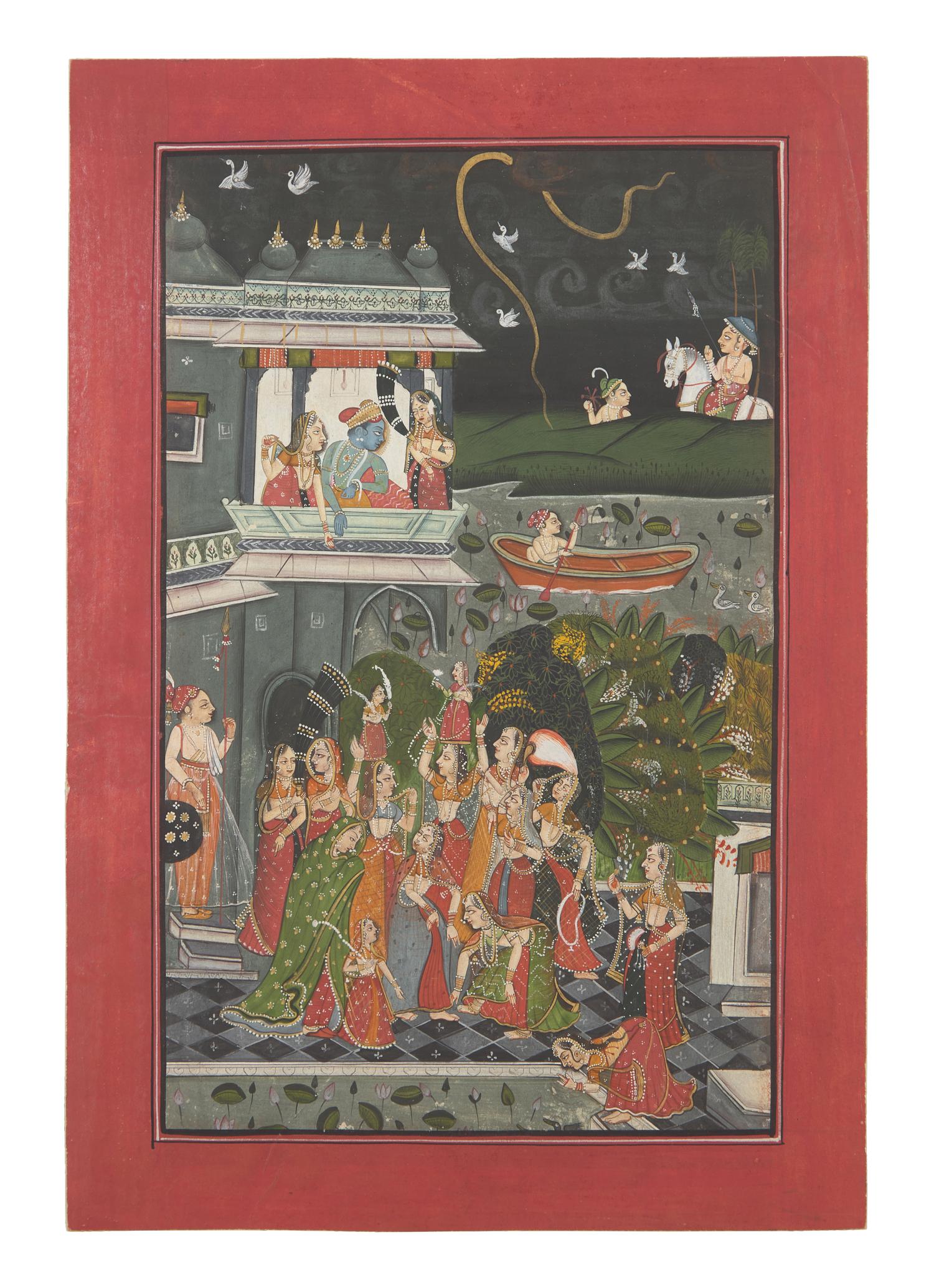 A Painting of Radha and Krishna Celebrating the Tej Festival and A Painting of Radha and Krishna Indoors Facing One Another, Probably Udaipur or Jaipur, India, 20th Century