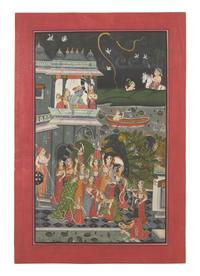 A Painting of Radha and Krishna Celebrating the Tej Festival and A Painting of Radha and Krishna Indoors Facing One Another, Probably Udaipur or Jaipur, India, 20th Century