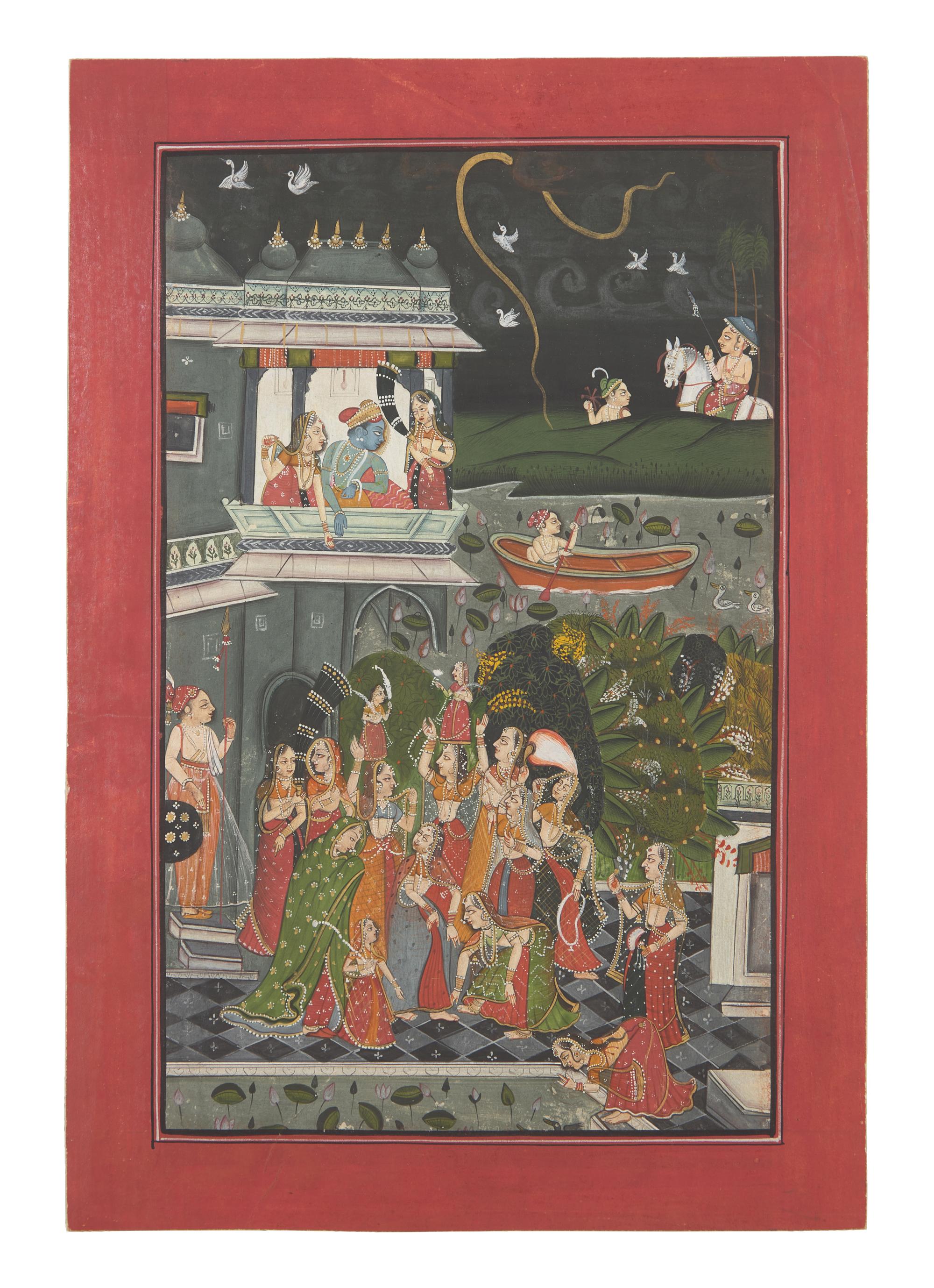 A Painting of Radha and Krishna Celebrating the Tej Festival and A Painting of Radha and Krishna Indoors Facing One Another, Probably Udaipur or Jaipur, India, 20th Century