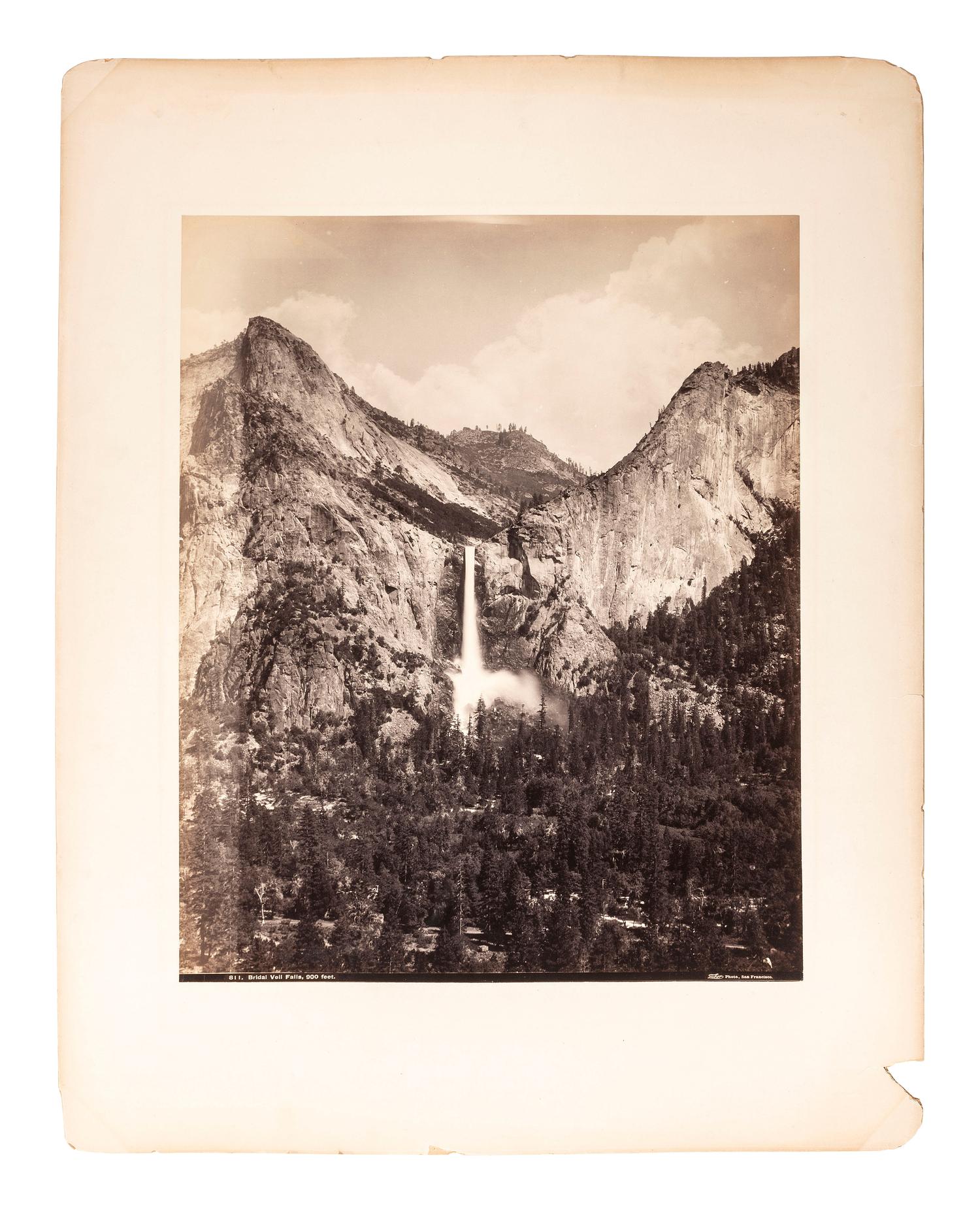 [WESTERN AMERICANA]. [WATKINS, Carleton (1829-1916), photographer]. Bridal Veil Falls, 900 feet . Mammoth plate photograph. San Francisco, CA: I.W. Taber, printed ca 1880s.