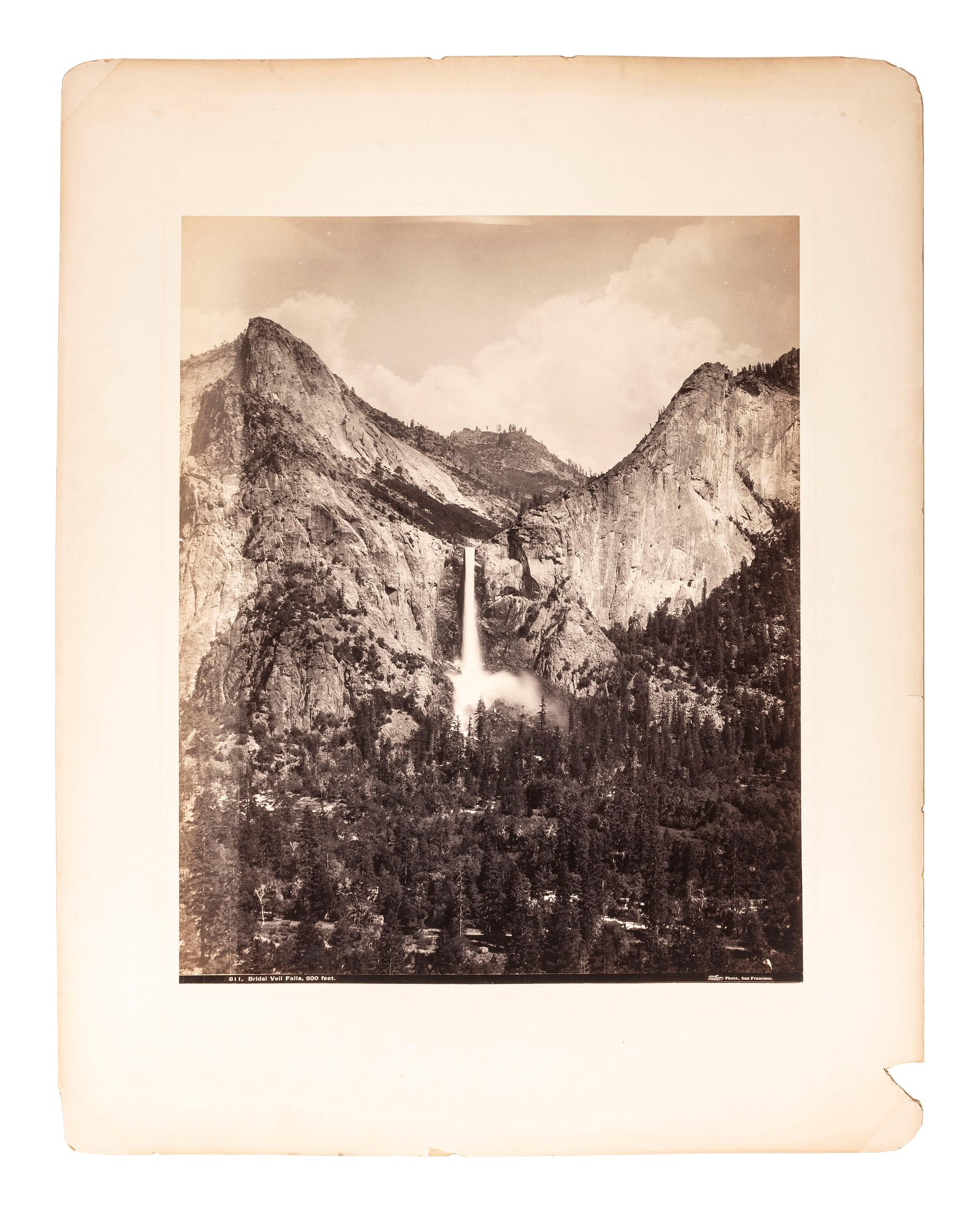 [WESTERN AMERICANA]. [WATKINS, Carleton (1829-1916), photographer]. Bridal Veil Falls, 900 feet . Mammoth plate photograph. San Francisco, CA: I.W. Taber, printed ca 1880s.