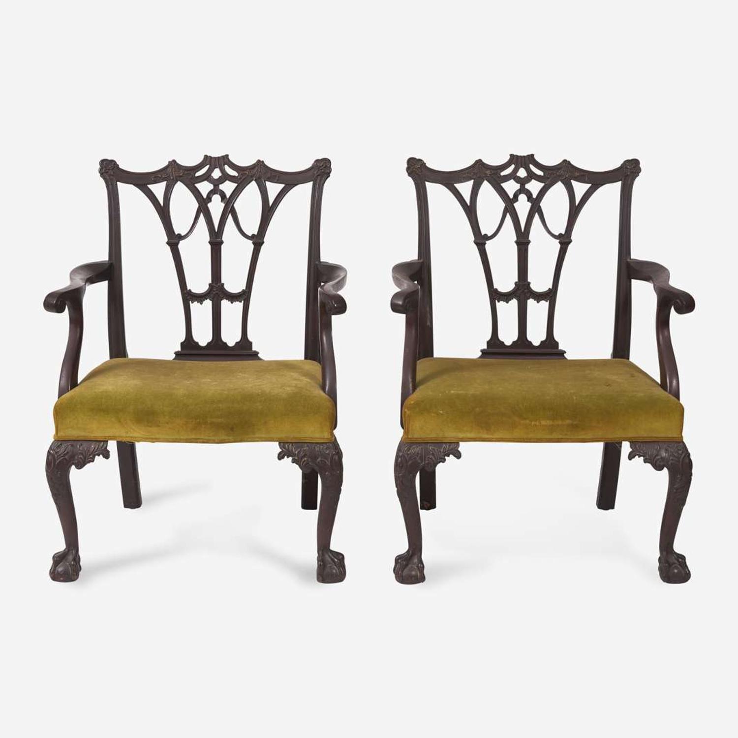 A pair of George III-style Chinoiserie carved mahogany armchairs England, 19th century