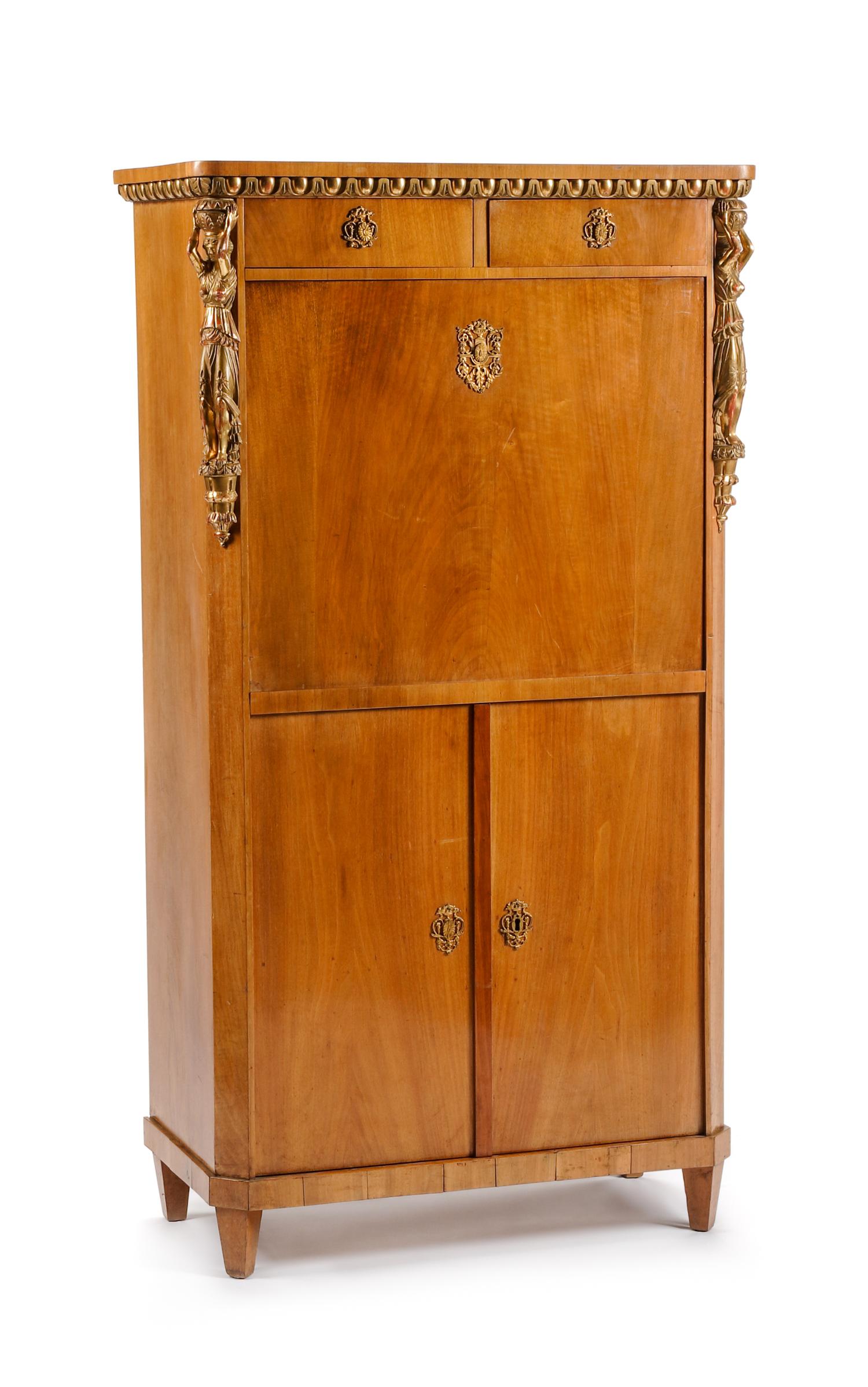 An Austrian Parcel Gilt Fruitwood Fall-Front Secretary Height 58 1/2 x width 31 1/2 x depth 16 inches. — 19TH CENTURY