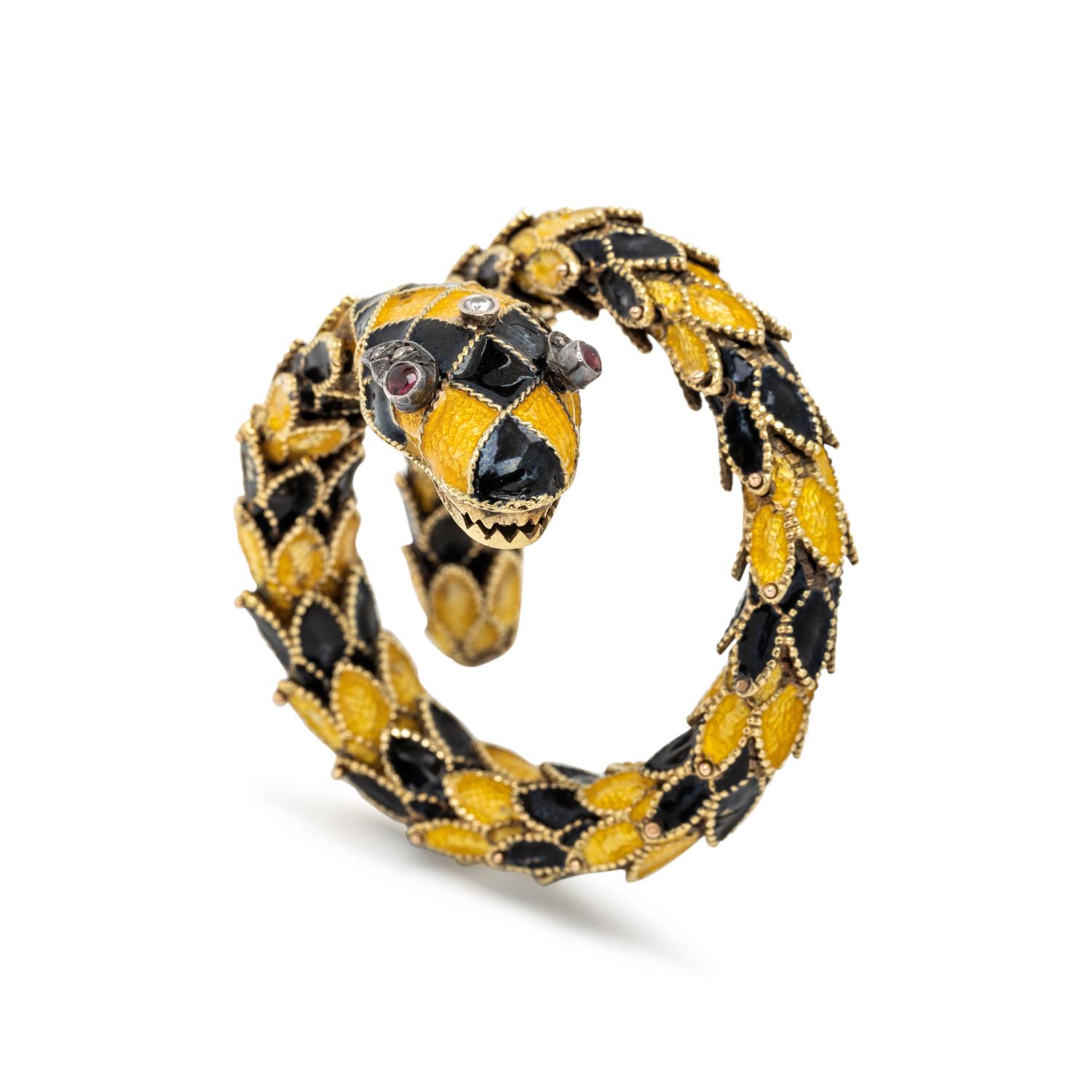 YELLOW GOLD, ENAMEL, AND GEMSTONE SNAKE BANGLE BRACELET