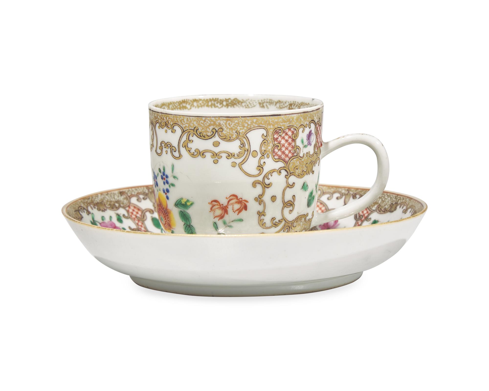 A Chinese Export Porcelain Famille Rose Chocolate Cup And Saucer