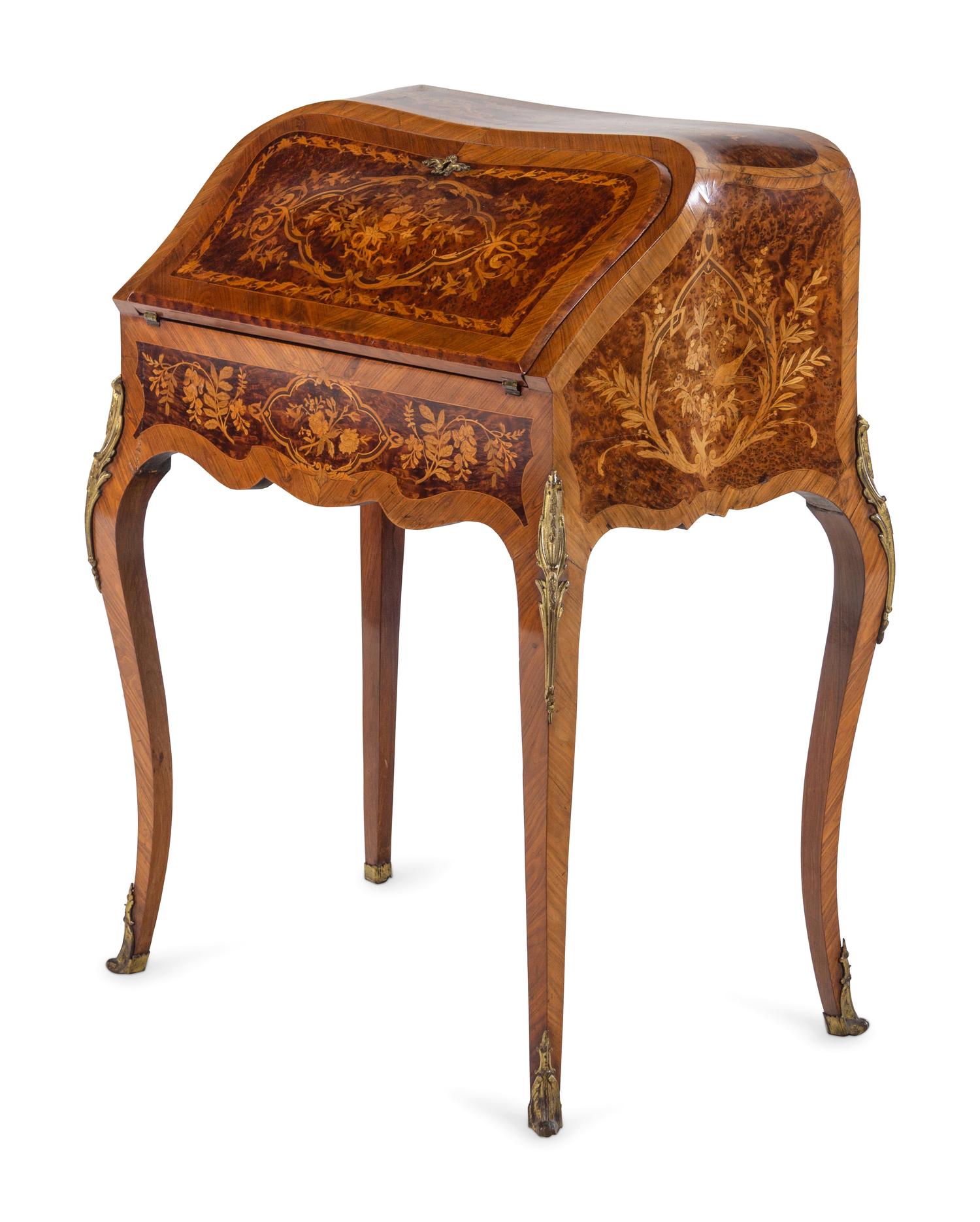 A Louis XV Style Gilt Bronze Mounted Marquetry Bureau en Pente