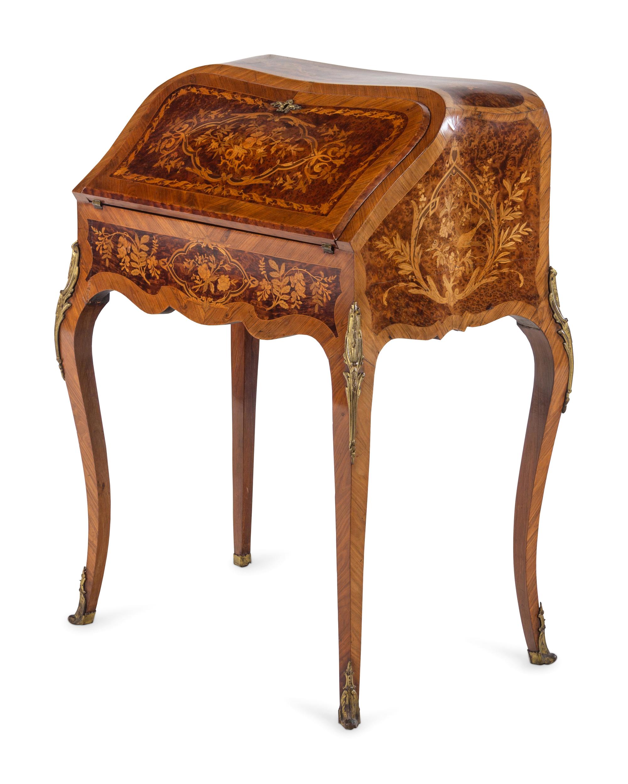 A Louis XV Style Gilt Bronze Mounted Marquetry Bureau en Pente