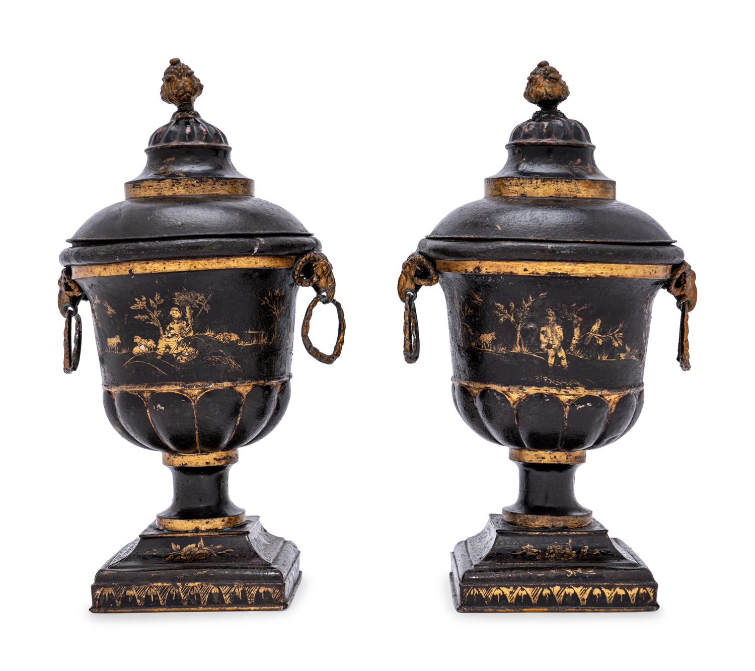 A Pair of Late George III Painted Tôle Urns