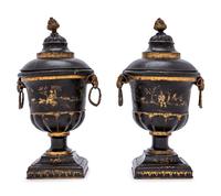 A Pair of Late George III Painted Tôle Urns