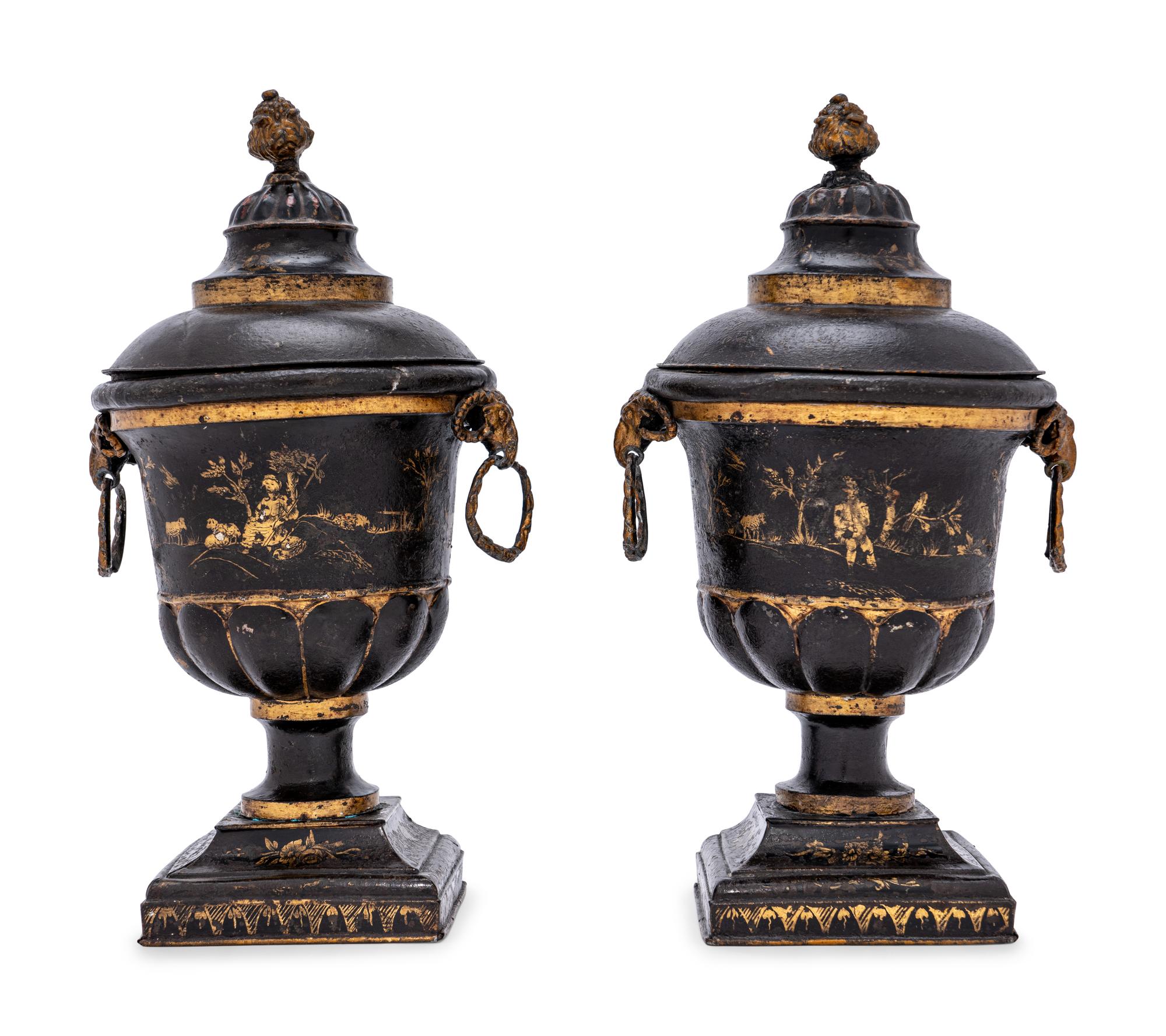 A Pair of Late George III Painted Tôle Urns