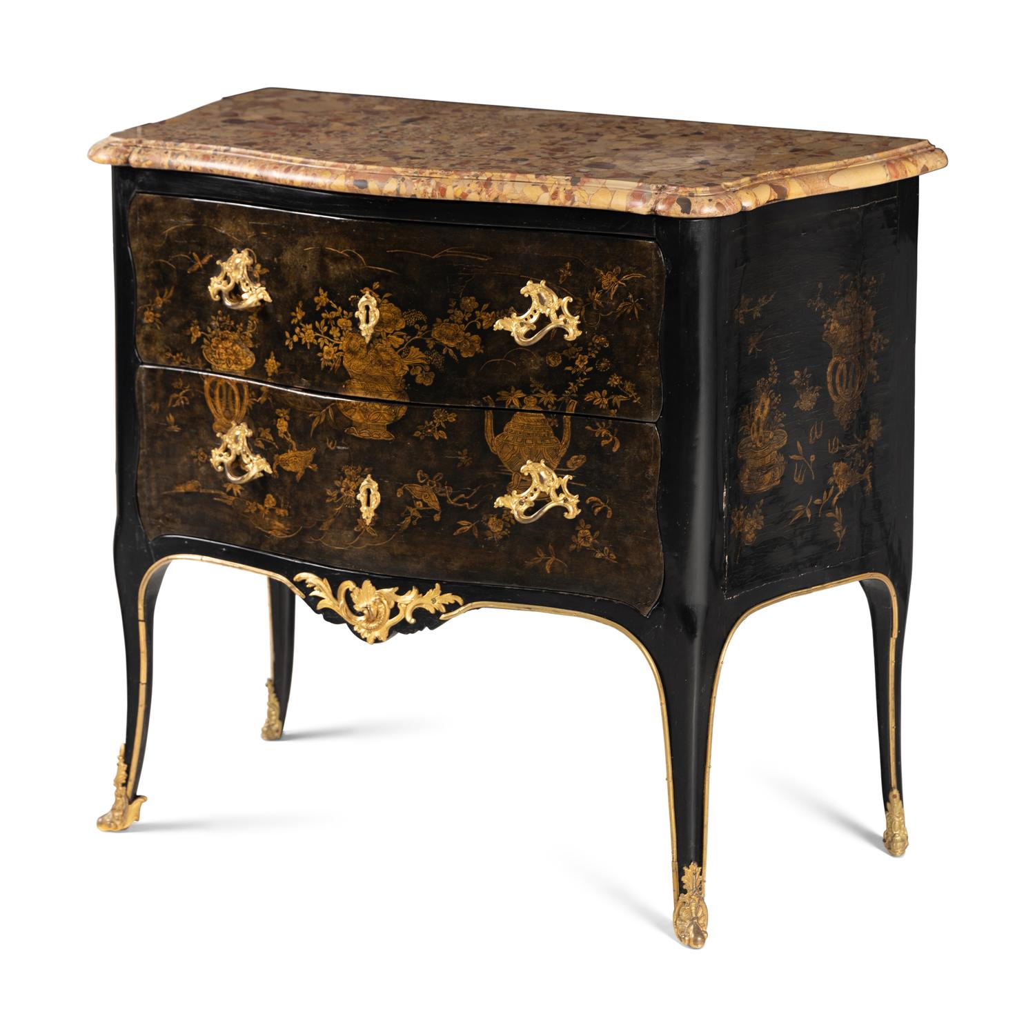 A Louis XV Gilt Bronze Mounted Lacquer Marble-Top Commode