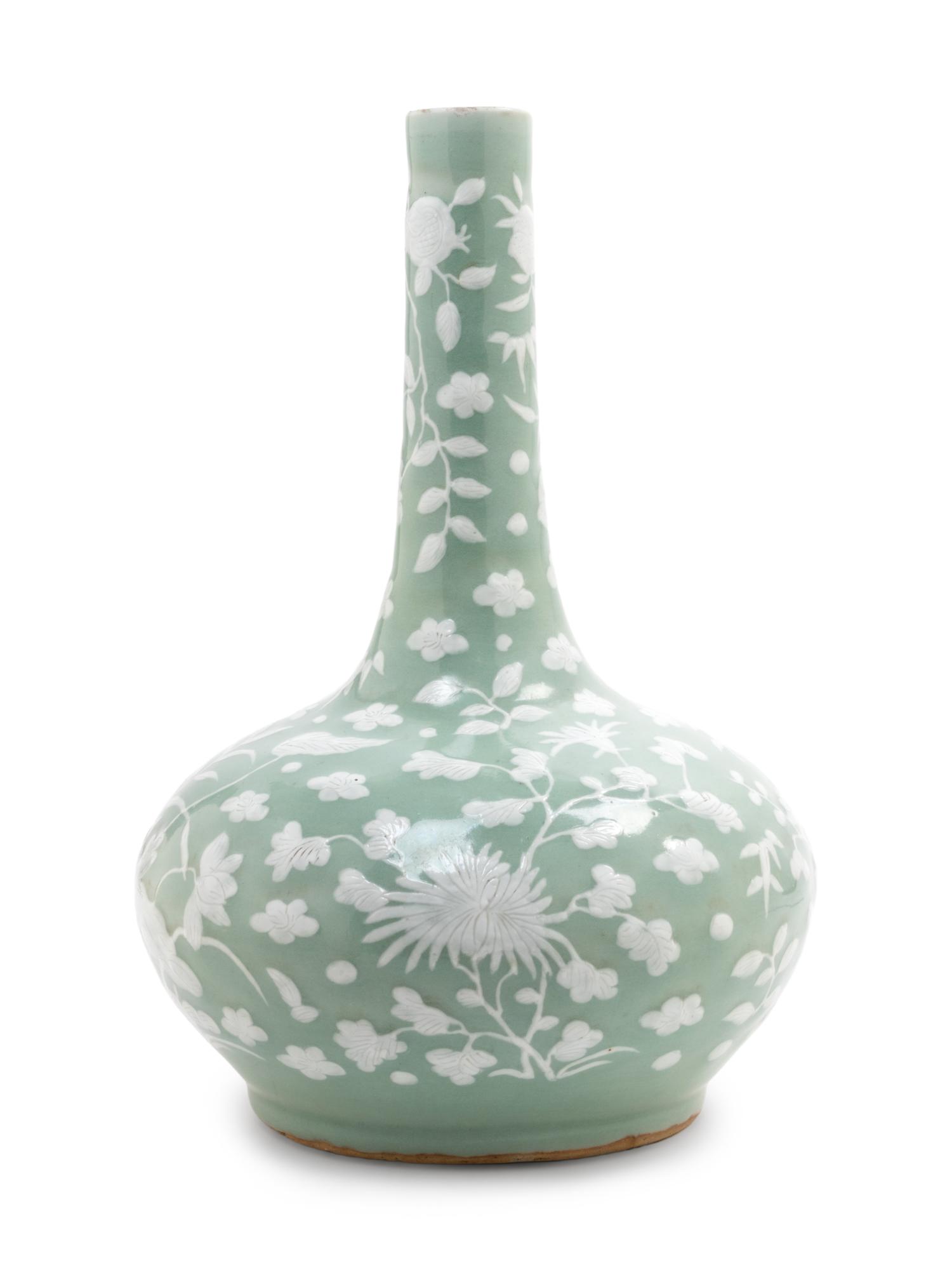 A Celadon Ground White Slip-Decorated Porcelain Bottle Vase