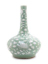 A Celadon Ground White Slip-Decorated Porcelain Bottle Vase