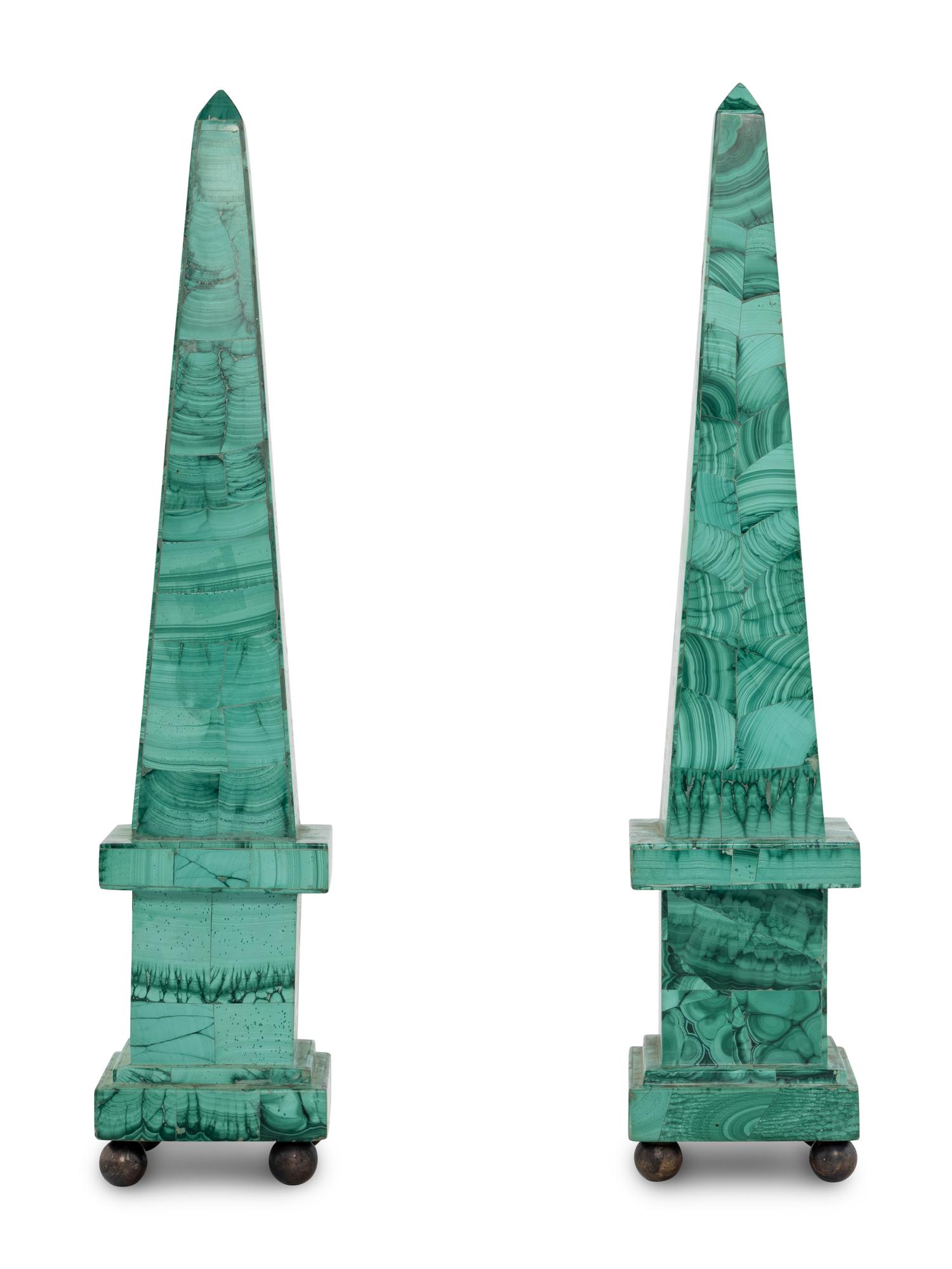 A Pair of Malachite Veneered Obelisks