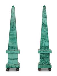 A Pair of Malachite Veneered Obelisks