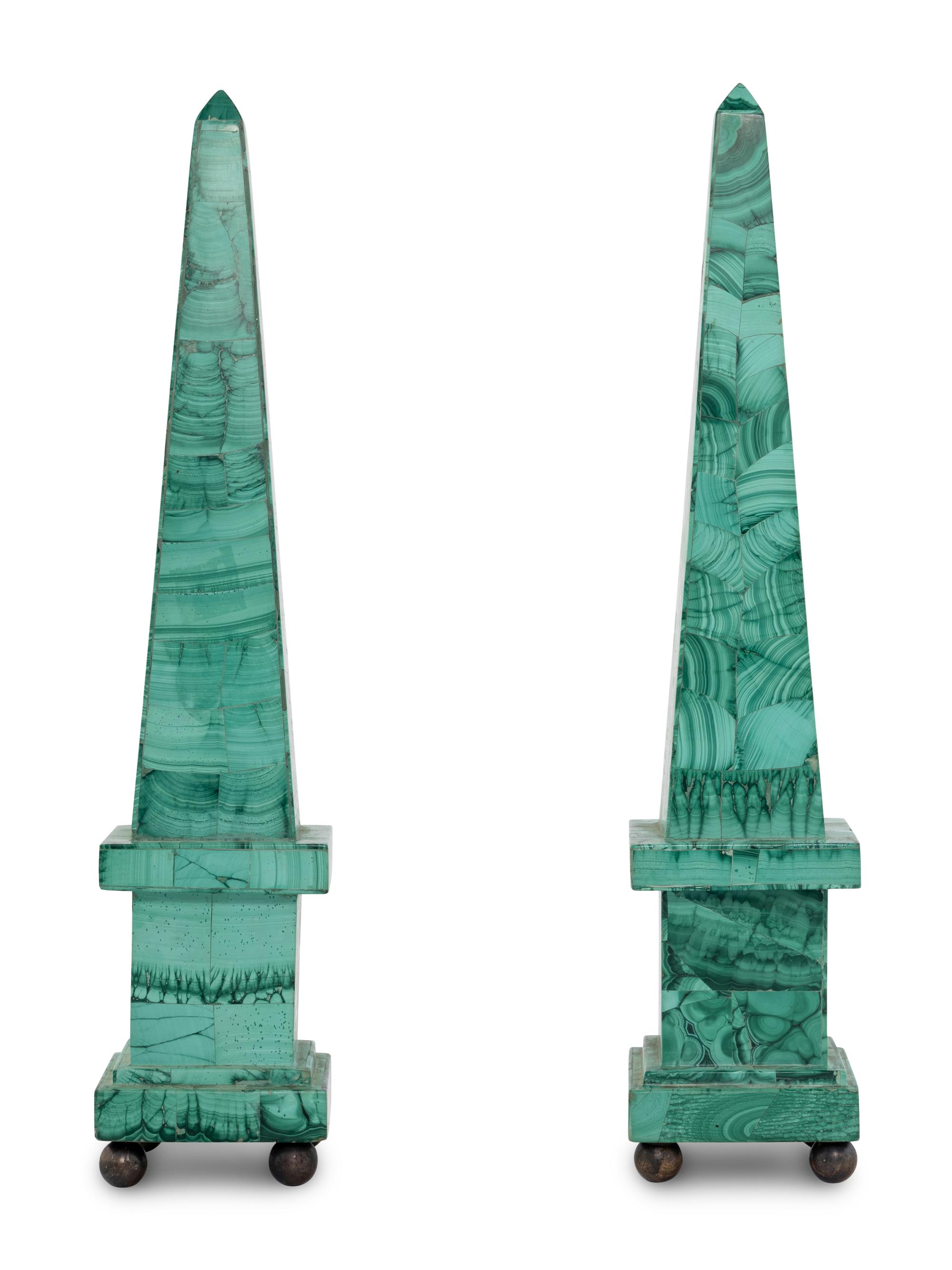 A Pair of Malachite Veneered Obelisks