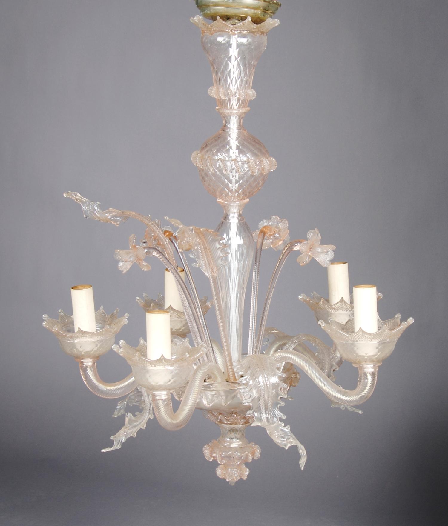 A Venetian Glass Five-Light Chandelier, Height 28 3/4 inches.