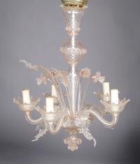 A Venetian Glass Five-Light Chandelier, Height 28 3/4 inches.