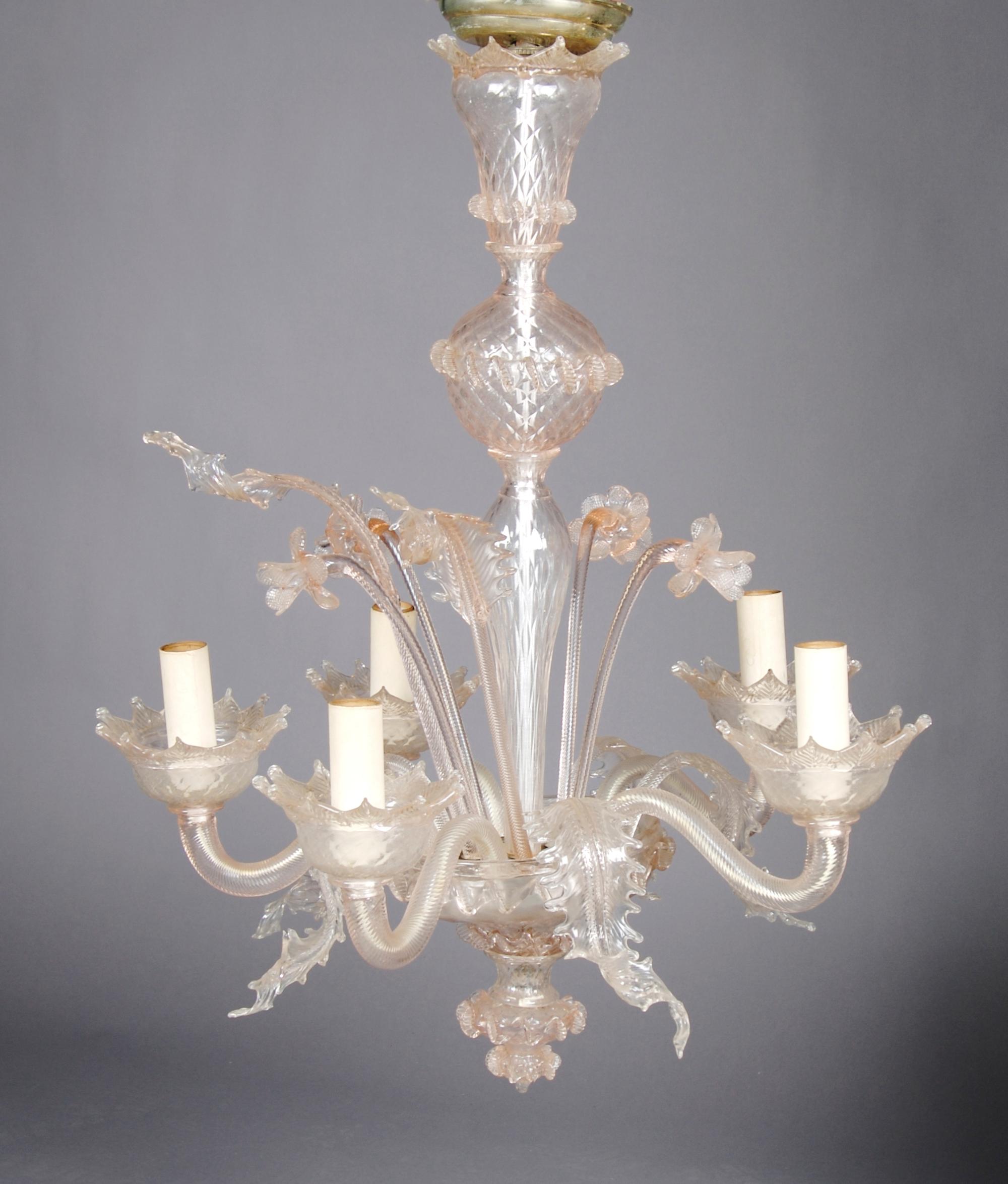 A Venetian Glass Five-Light Chandelier, Height 28 3/4 inches.