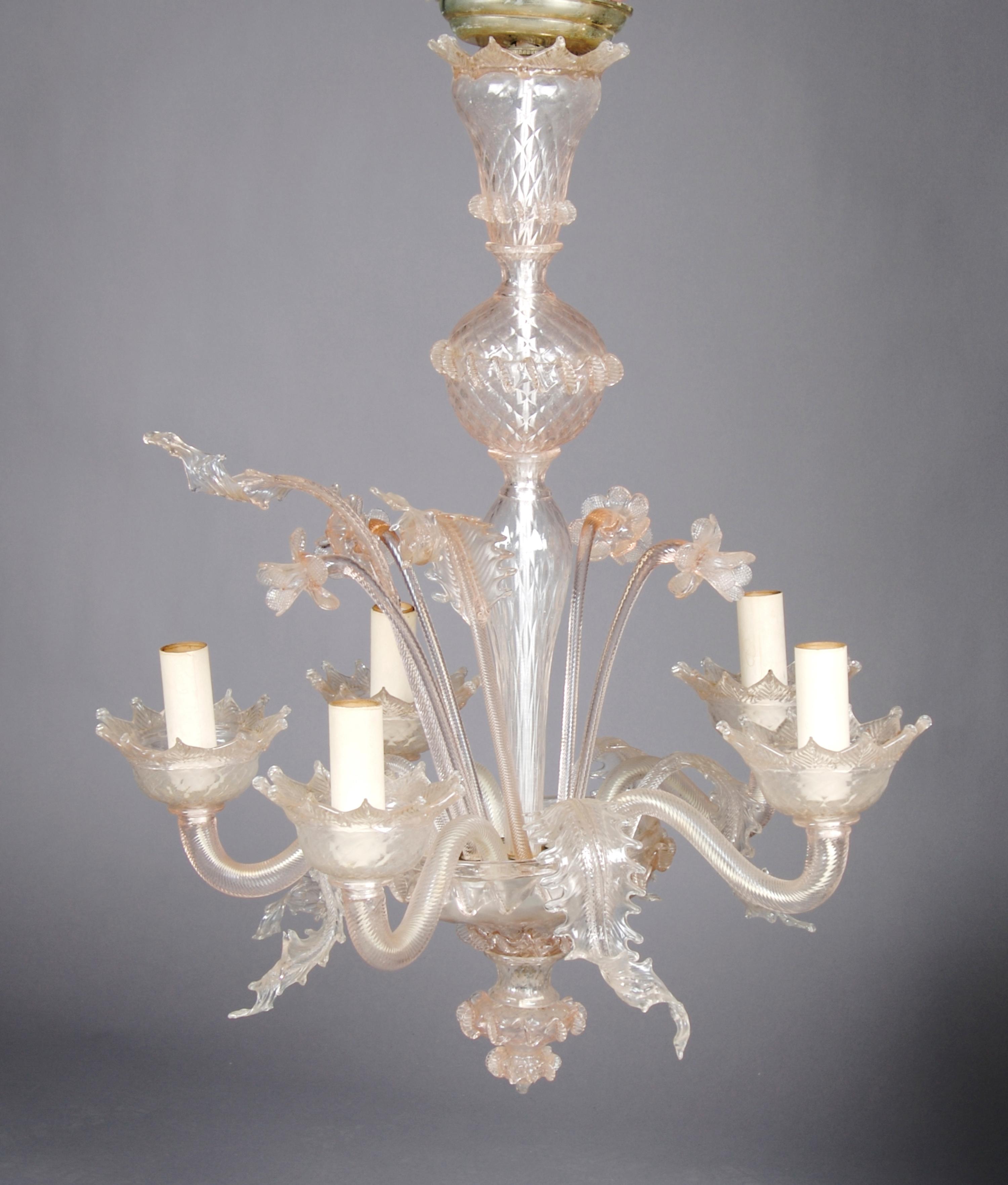 A Venetian Glass Five-Light Chandelier, Height 28 3/4 inches.