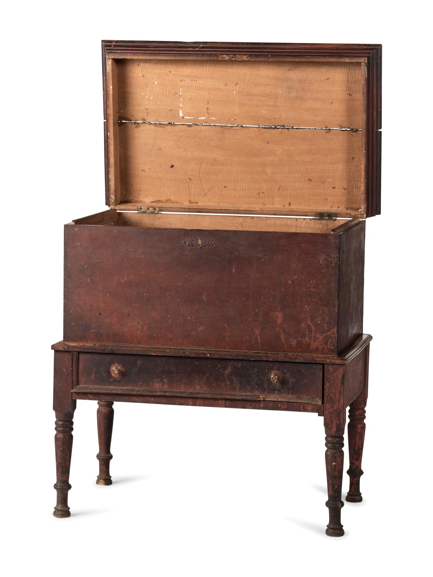 A Late Federal Red-Stained and Figured Mixed Woods Chest on Stand