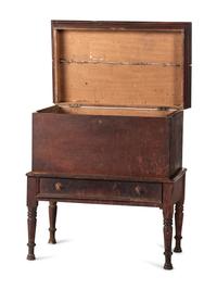 A Late Federal Red-Stained and Figured Mixed Woods Chest on Stand