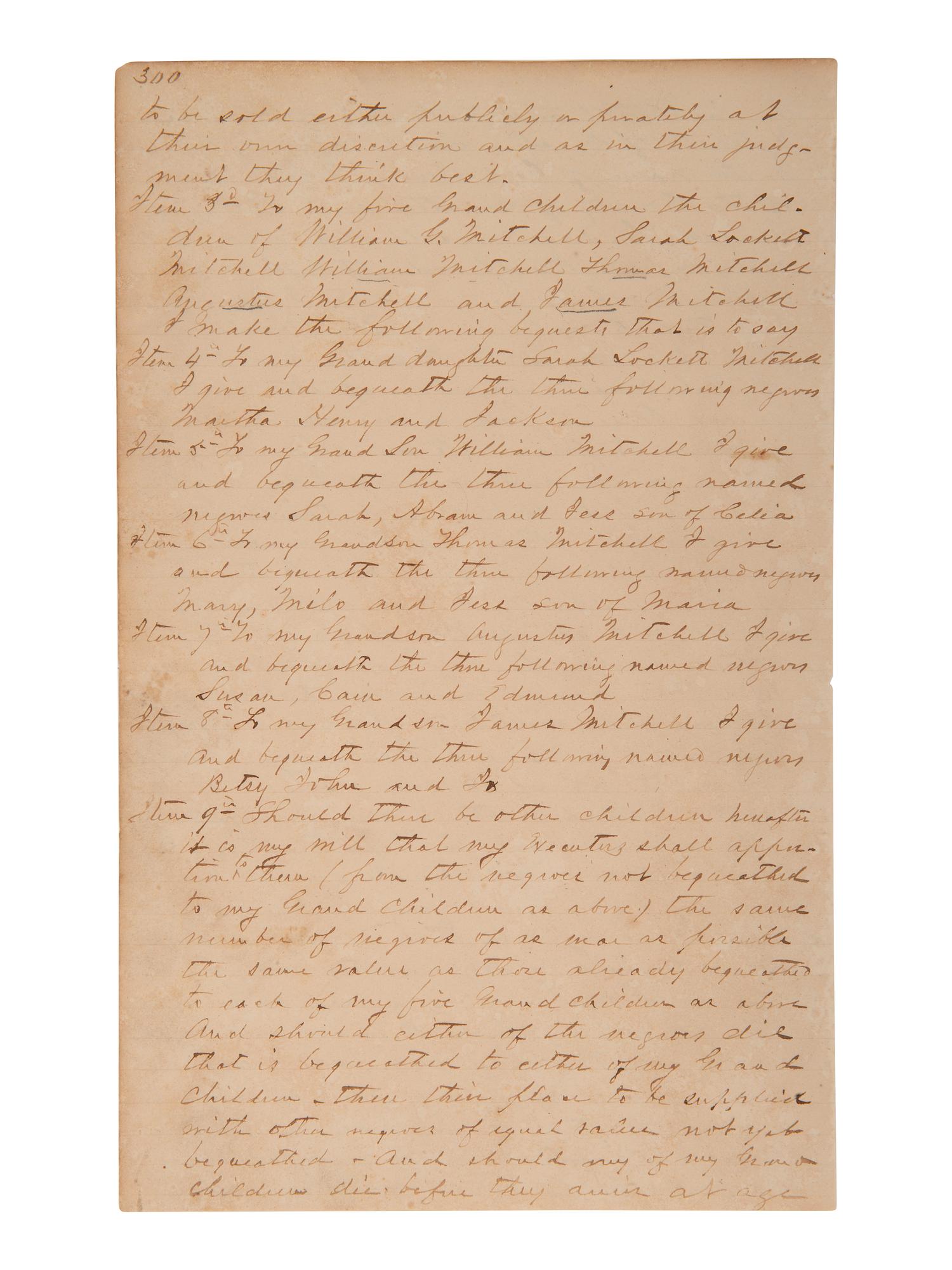 [ENSLAVEMENT]. 1853 will of Green Mitchell bequeathing 29 enslaved persons to family. Decatur, GA.