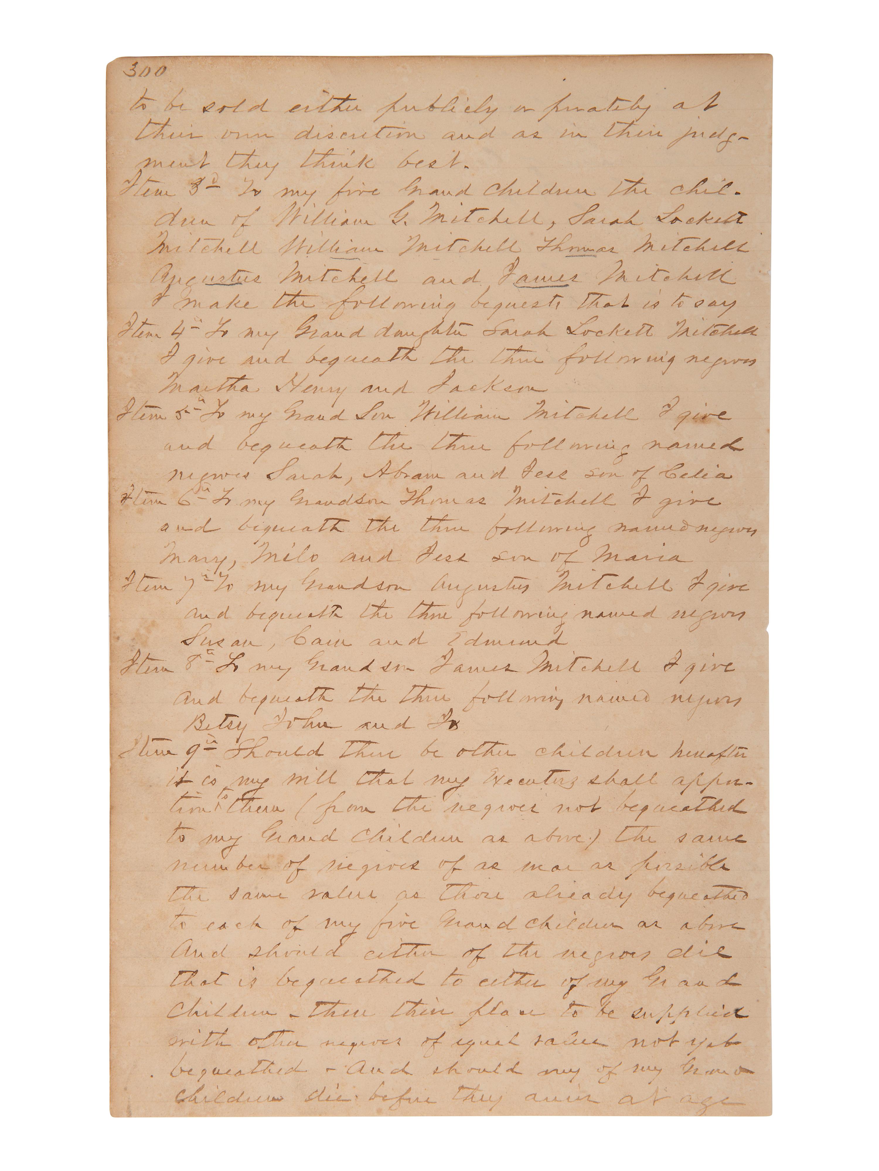 [ENSLAVEMENT]. 1853 will of Green Mitchell bequeathing 29 enslaved persons to family. Decatur, GA.