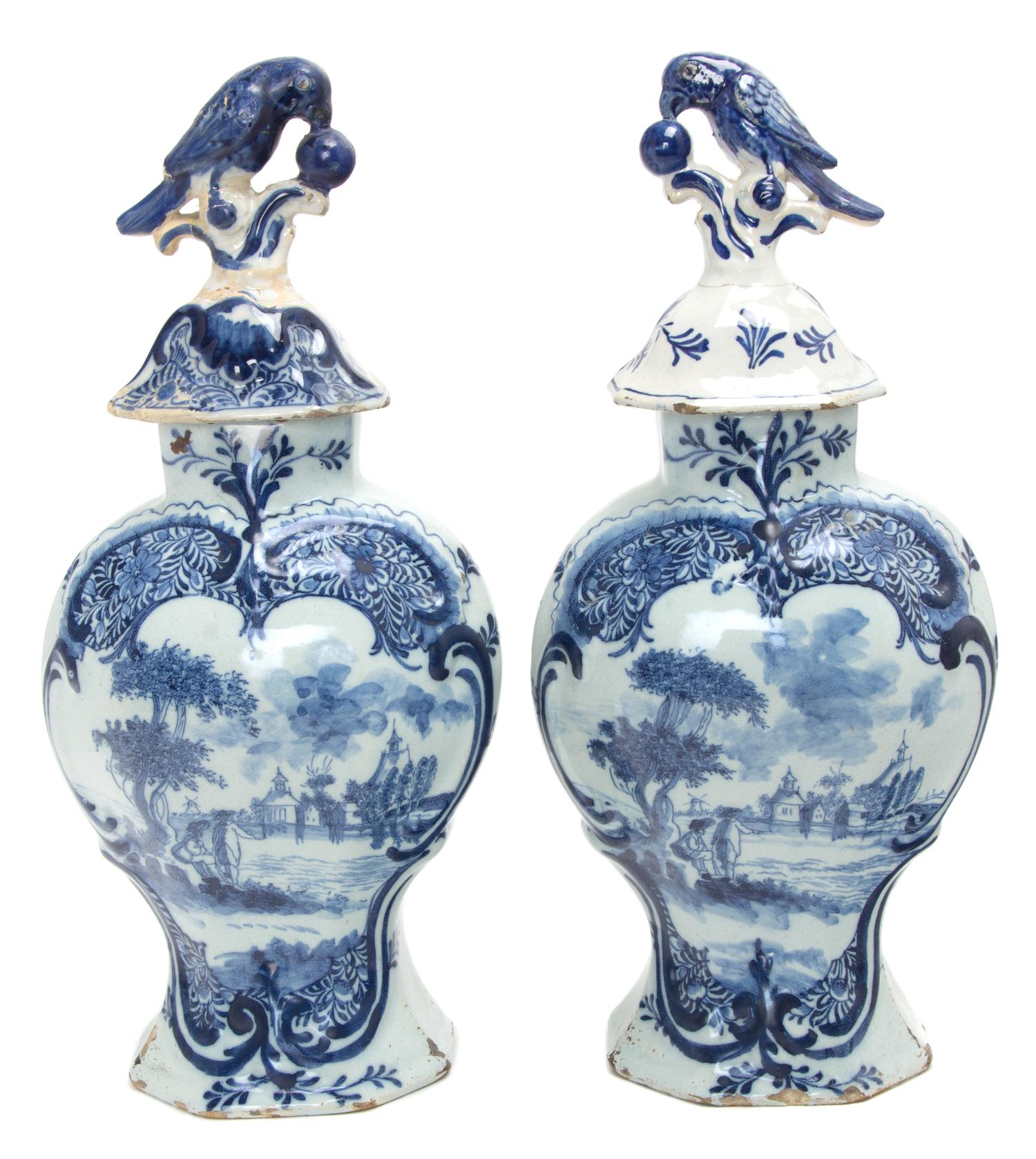 A Pair of Delft Lidded Vases Height 14 1/2 inches. — 20TH CENTURY