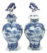A Pair of Delft Lidded Vases Height 14 1/2 inches. — 20TH CENTURY