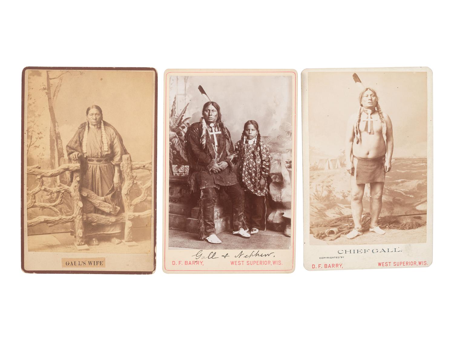 BARRY, David F. (1854-1934), photographer. Three cabinet cards of Hunkpapa Lakota Chief Gall, his wife, and nephew.