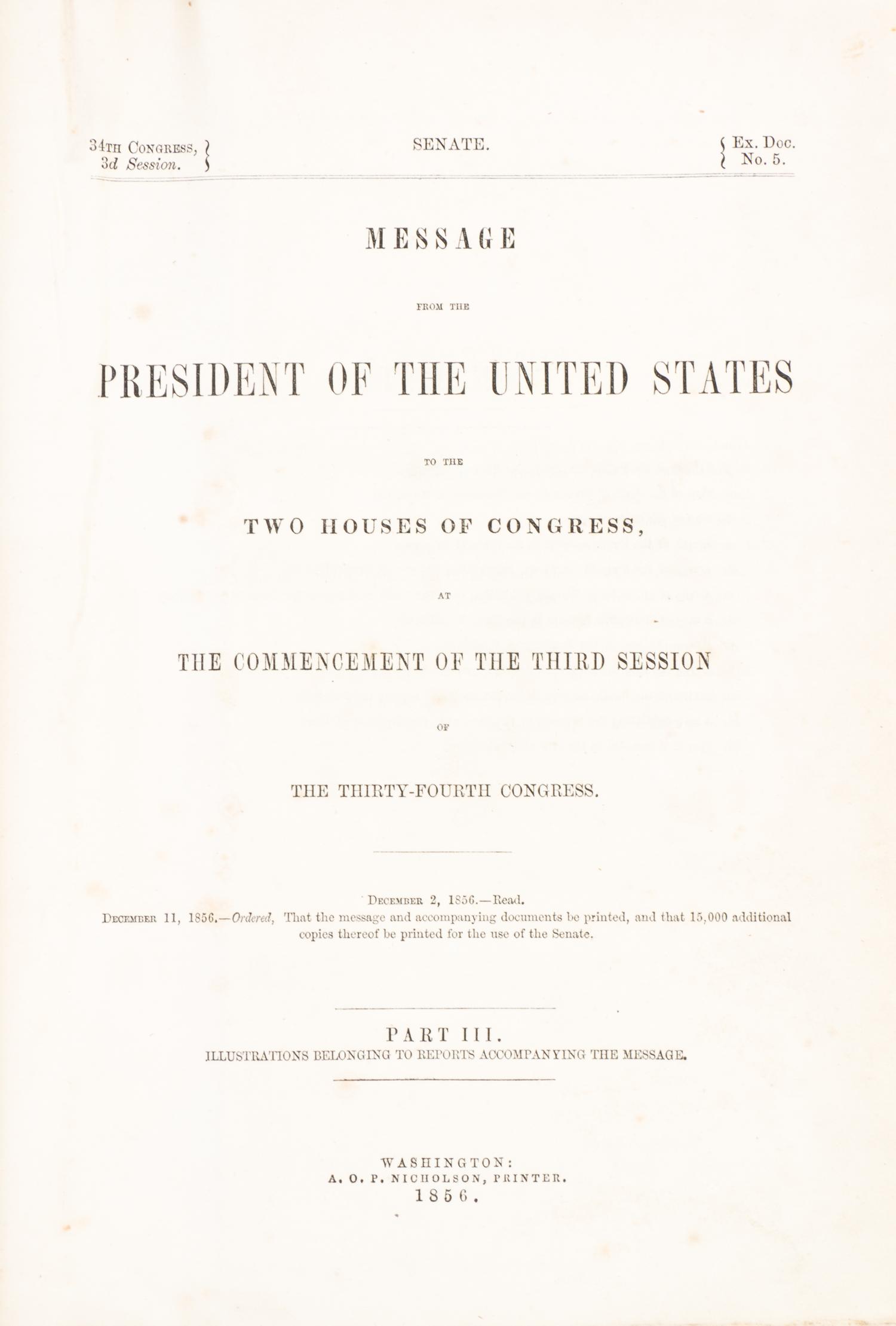 (MAPS, U.S. GOVERNMENT) WINTHROP, ROBERT C. Message from the President. Part III. Washington, 1856. Signed by Winthrop.
