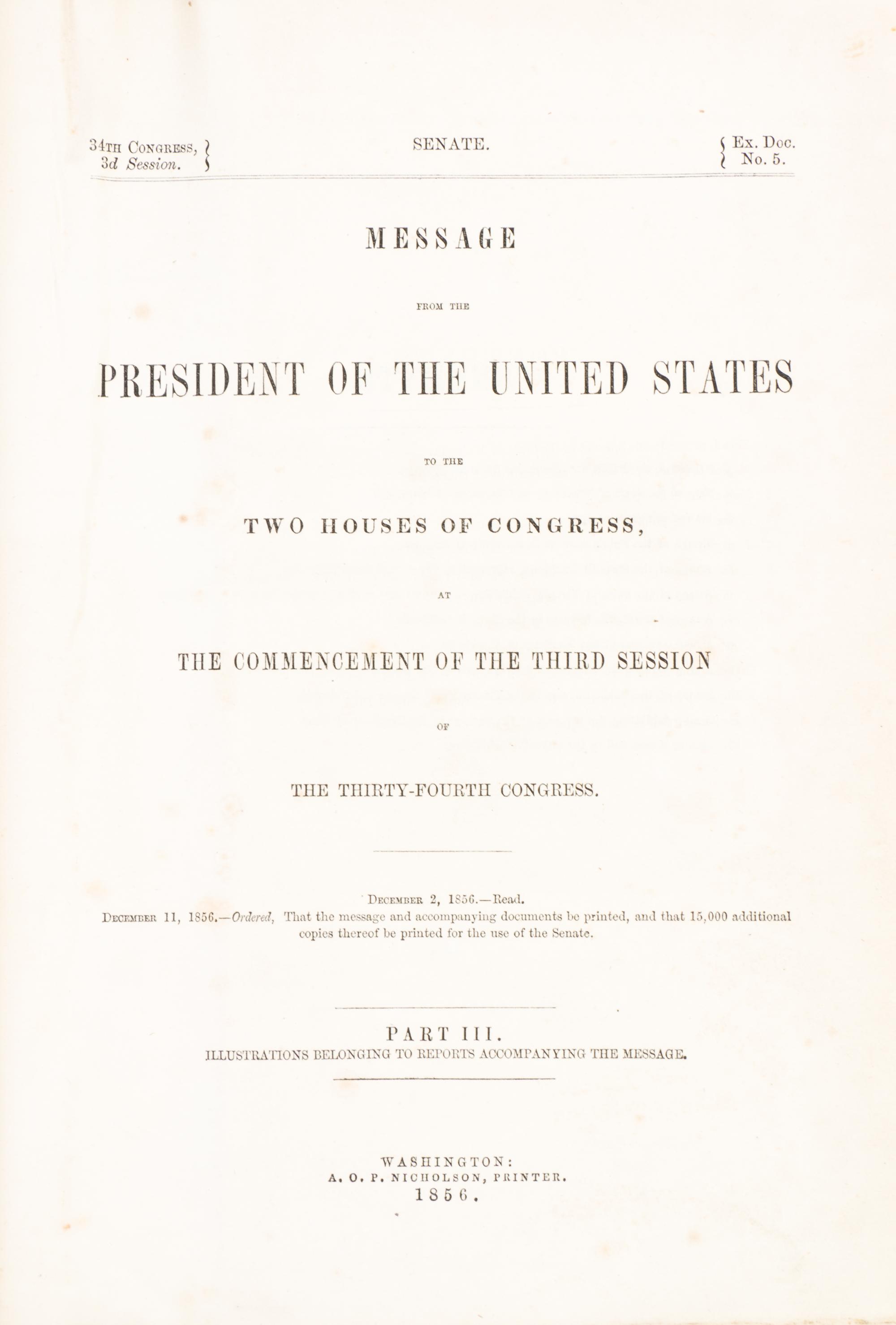 (MAPS, U.S. GOVERNMENT) WINTHROP, ROBERT C. Message from the President. Part III. Washington, 1856. Signed by Winthrop.