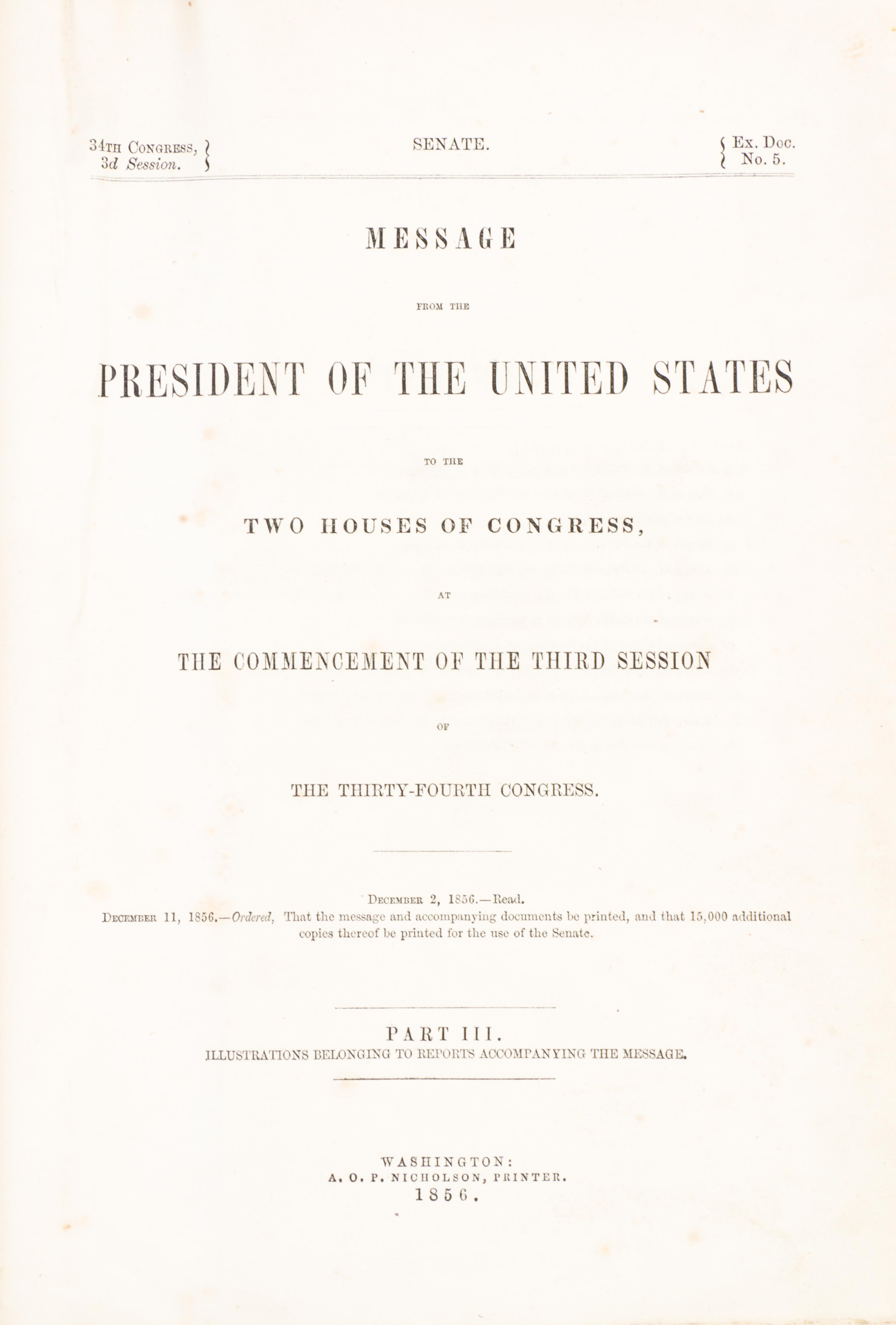 (MAPS, U.S. GOVERNMENT) WINTHROP, ROBERT C. Message from the President. Part III. Washington, 1856. Signed by Winthrop.