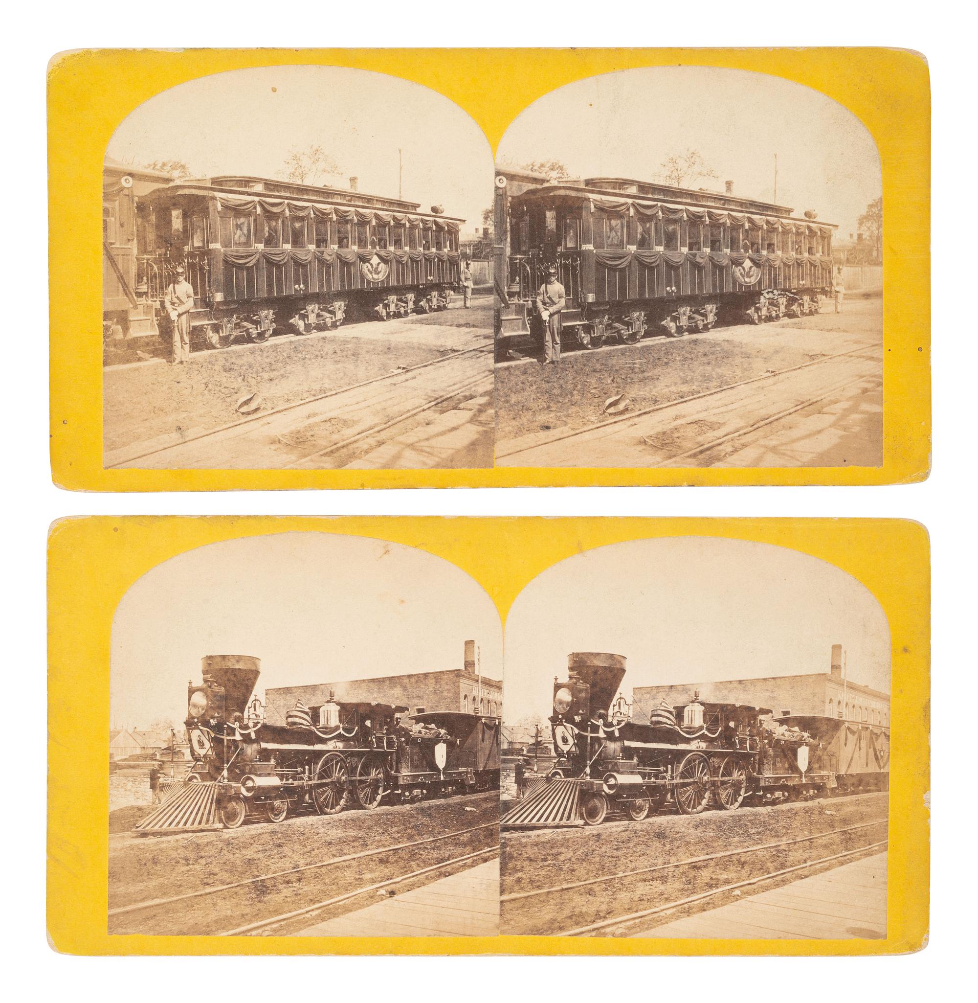 [LINCOLN, Abraham (1809-1865)]. Pair of stereoviews featuring the Lincoln funeral train. Ca 1865.