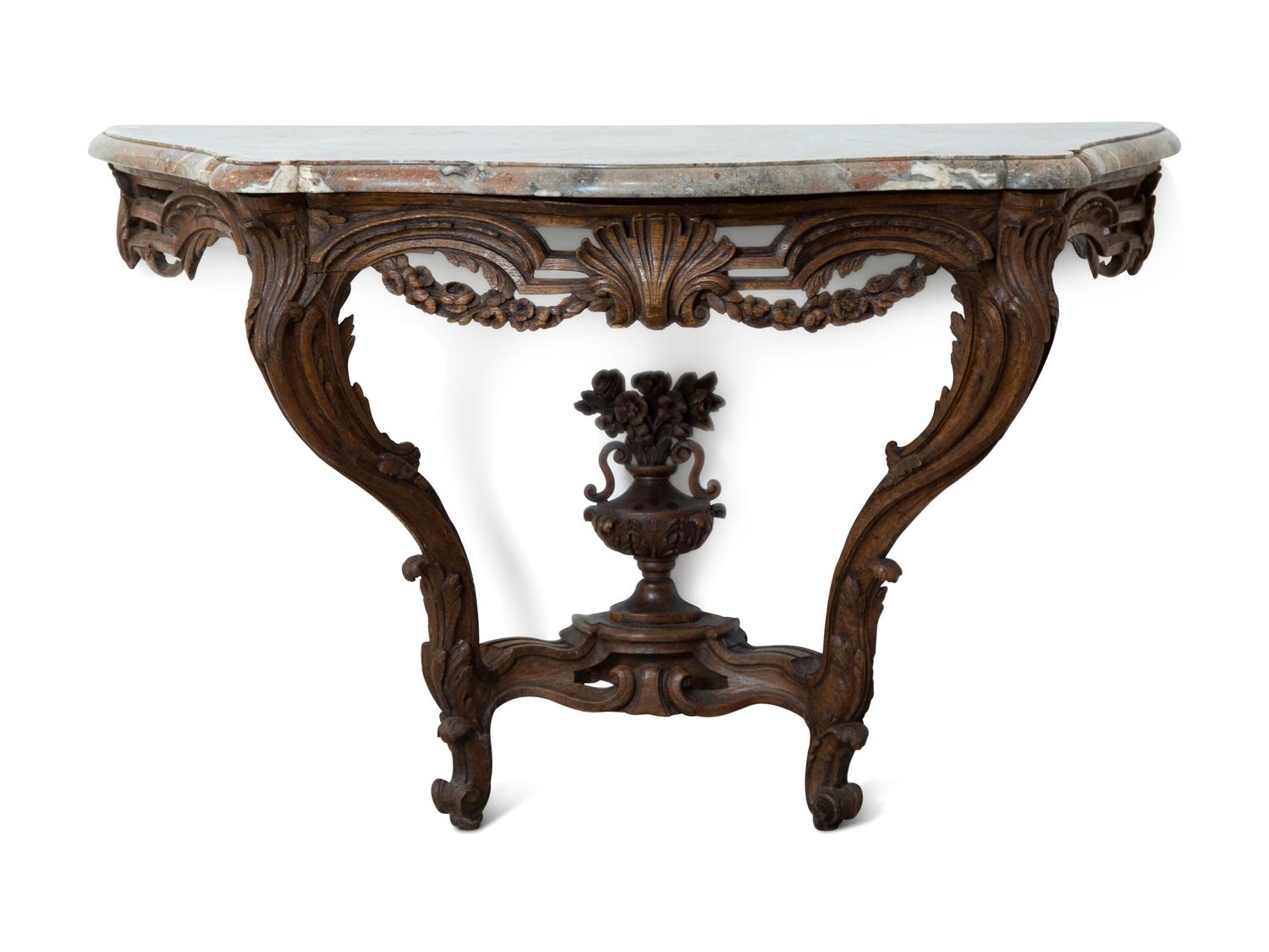 A Louis XV Carved Walnut Marble-Top Console Table