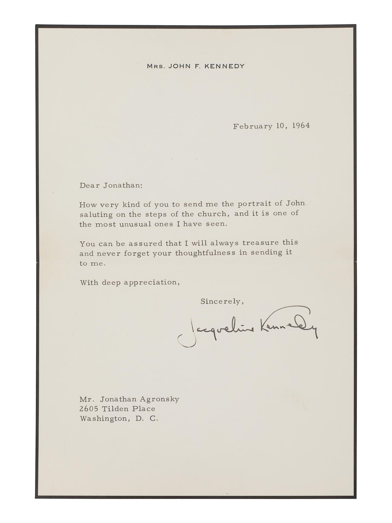 KENNEDY ONASSIS, Jacqueline Bouvier (1929-1994). Typed letter signed (“Jacqueline Kennedy”), to Jonathan Agronsky. N.p., 10 February 1964. 1 page, 8vo, on Mrs. John F. Kennedy stationary with black mourning border, very light creasing.
