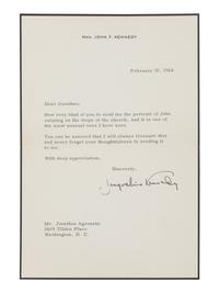 KENNEDY ONASSIS, Jacqueline Bouvier (1929-1994). Typed letter signed (“Jacqueline Kennedy”), to Jonathan Agronsky. N.p., 10 February 1964. 1 page, 8vo, on Mrs. John F. Kennedy stationary with black mourning border, very light creasing.