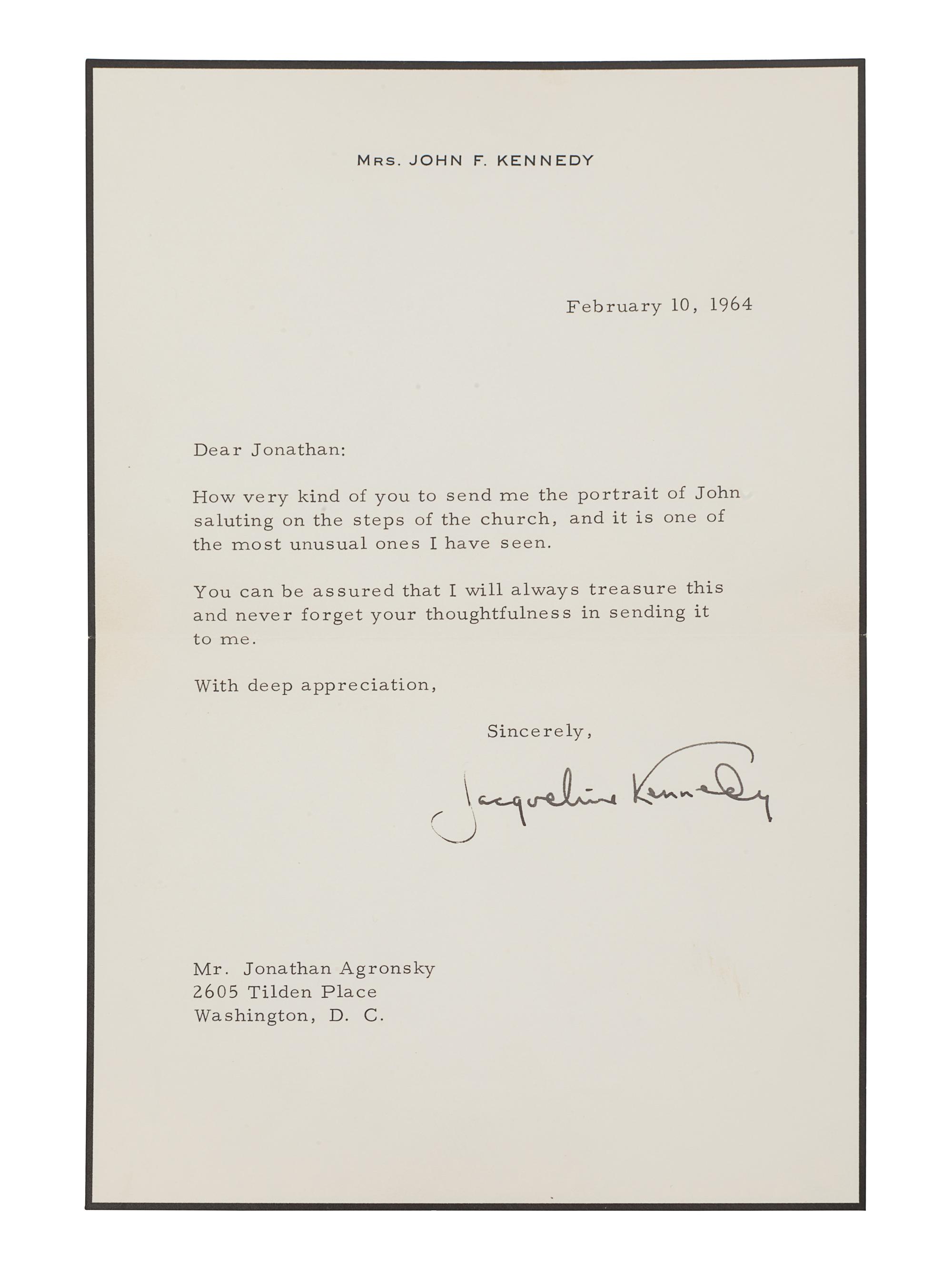 KENNEDY ONASSIS, Jacqueline Bouvier (1929-1994). Typed letter signed (“Jacqueline Kennedy”), to Jonathan Agronsky. N.p., 10 February 1964. 1 page, 8vo, on Mrs. John F. Kennedy stationary with black mourning border, very light creasing.