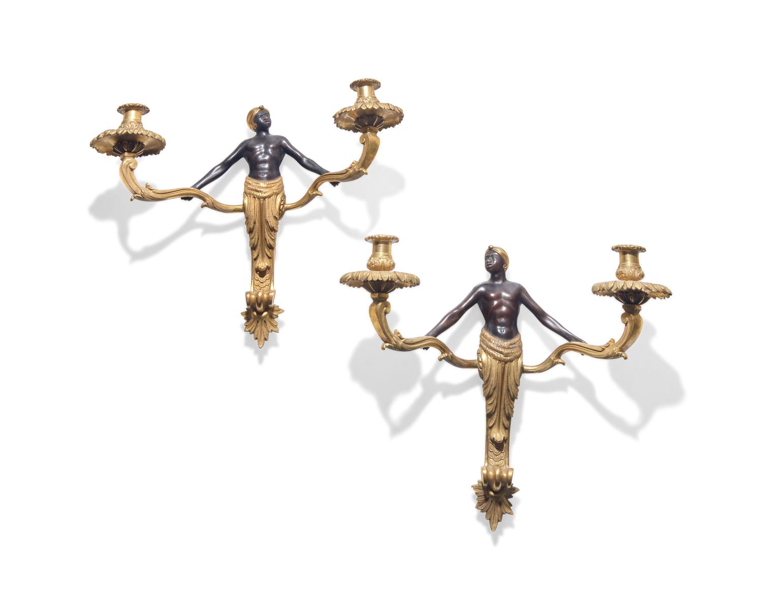 A pair of Louis XVI gilt and patinated bronze figural wall sconces, 18th / 19th century